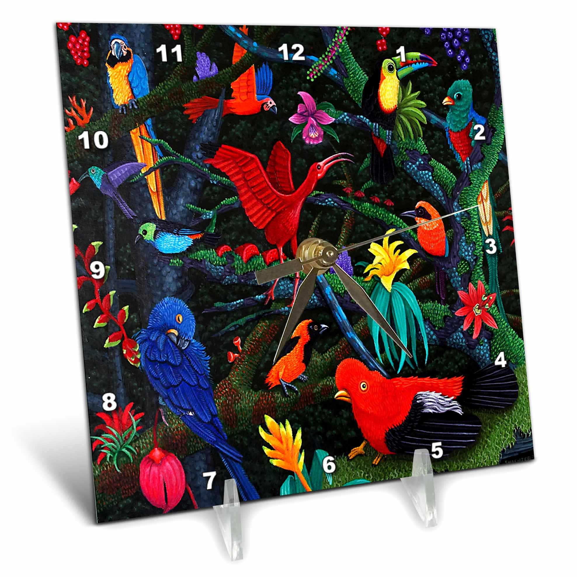 3dRose LLC Rainforest Birds Desk Clock, 6 by 6-Inch