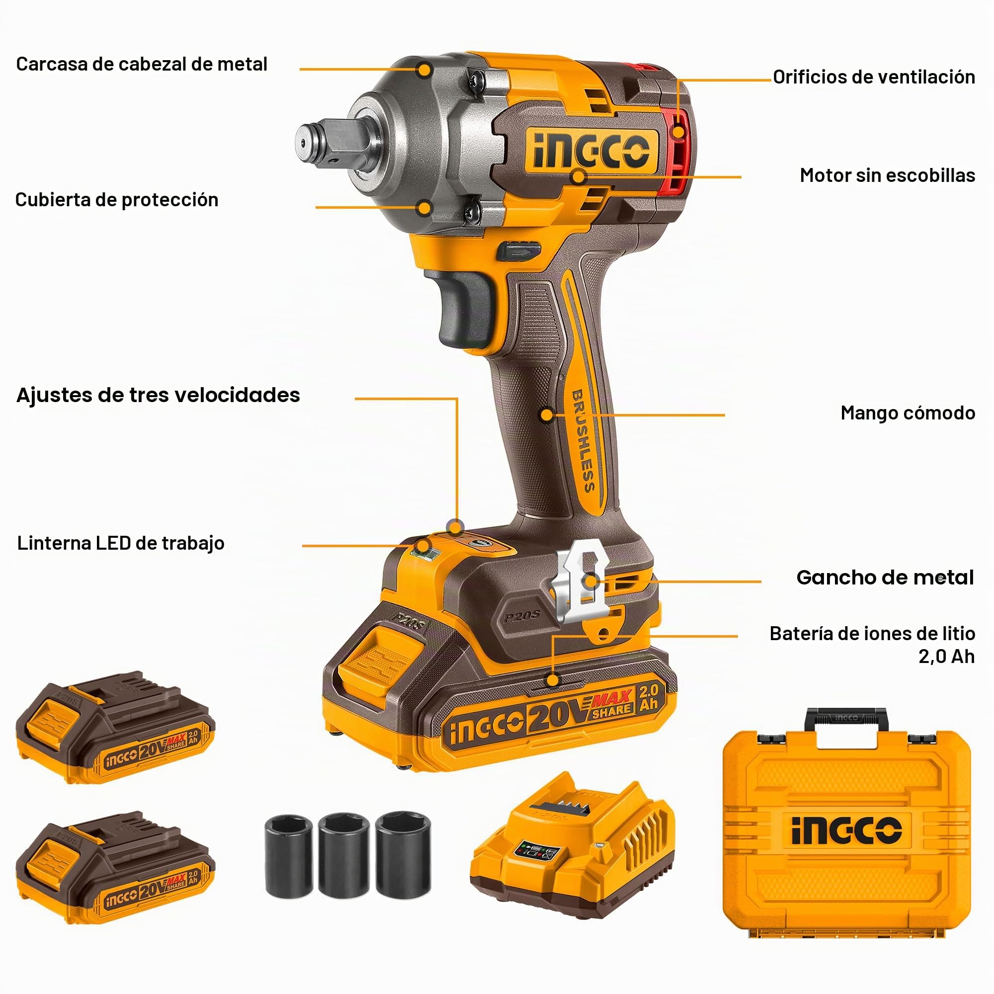 Ingco 20 V llave de choque inalámbrica sin escobillas 400 NM atornillador eléctrico inalámbrico 2300 rpm, con 2 baterías 2,0 Ah, 1 cargador CIWLI2040