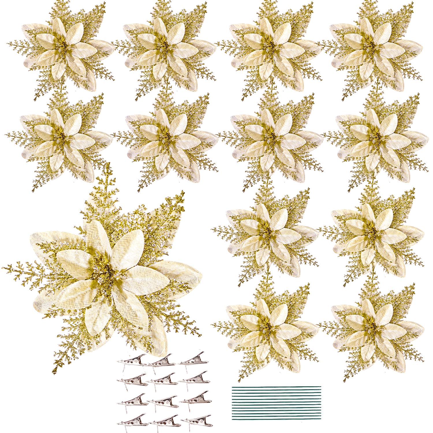 Leixi 16pcs Christmas Poinsettia Artificial Flowers 5.5" Glitter Poinsettias Flower with Stems & Clips for Wreath Xmas Tree New Year Party Ornament Wedding (Gold)