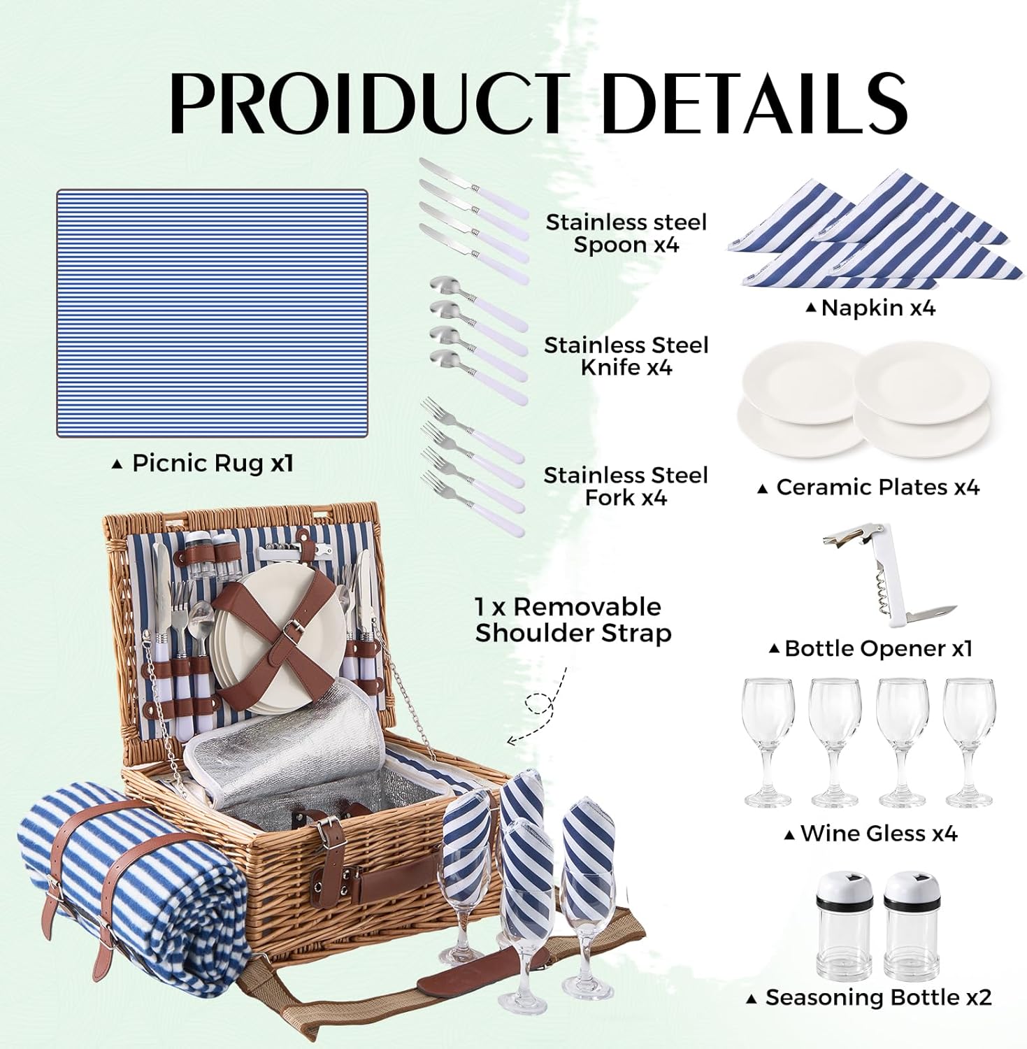 Willow Picnic Basket Set for 4 with Large Insulated Bag and Waterproof Picnic Blanket, Wicker Picnic Hamper for Camping, Outdoor, Birthday, Valentine, Navy