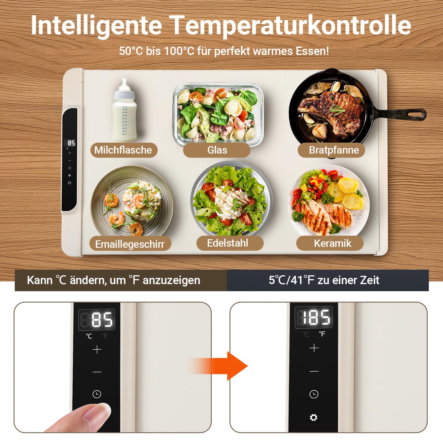 Warmhalteplatte Elektrisch, 240W Faltbare Speisenwärmer mit einstellbare Temperaturkontrolle,Timer, Nano-Silikon & Kindersicherung, für Warm Halten oder Auftauen,Beige