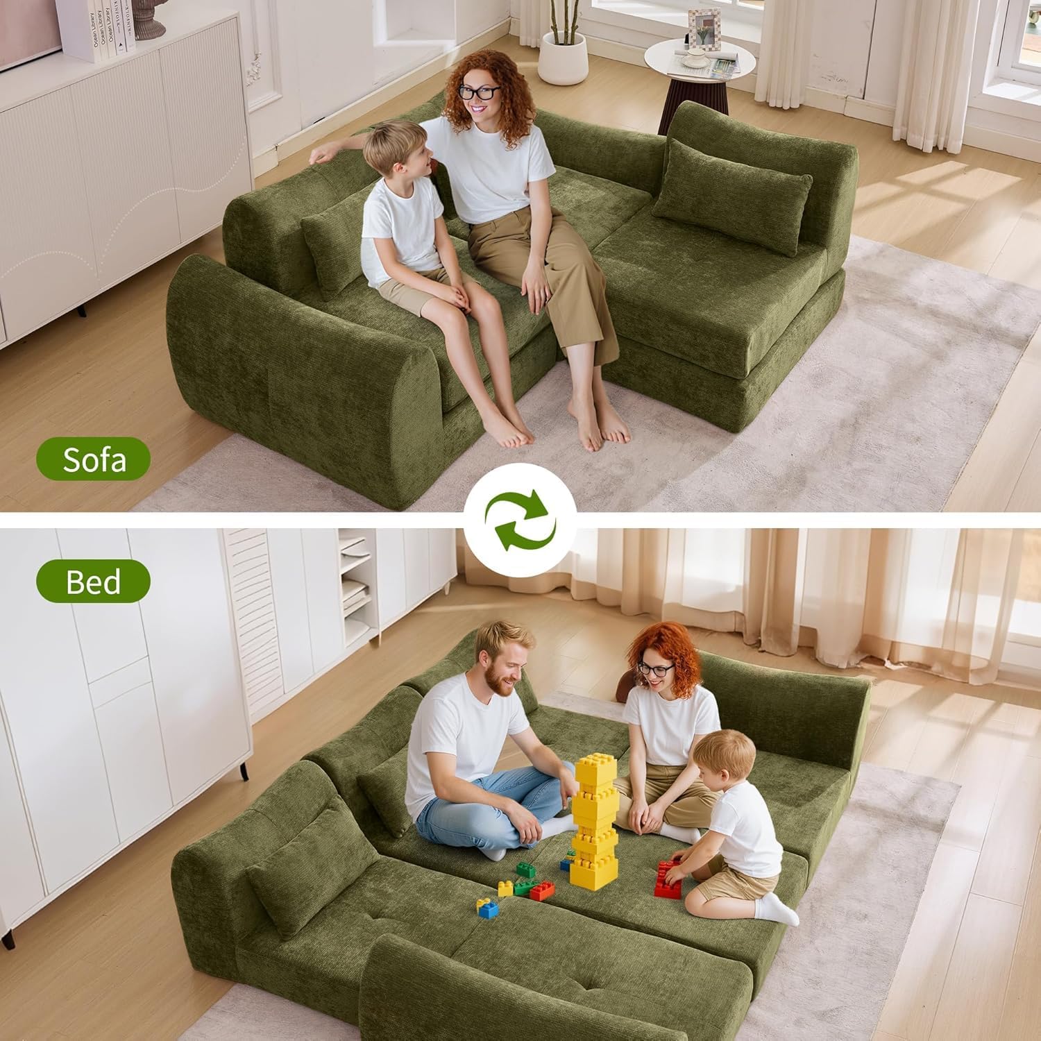 102" Modular Sectional Boneless Couch for Living Room, Convertible Cloud Sofa Bed Green Couches with Upholstered Deep Seat, No Assembly Needed, Ideal for Small Space Apartment Playroom Bedroom Studio | cloud-like comfy, modular flexibility, breathable fabric, ergonomic, no assembly required