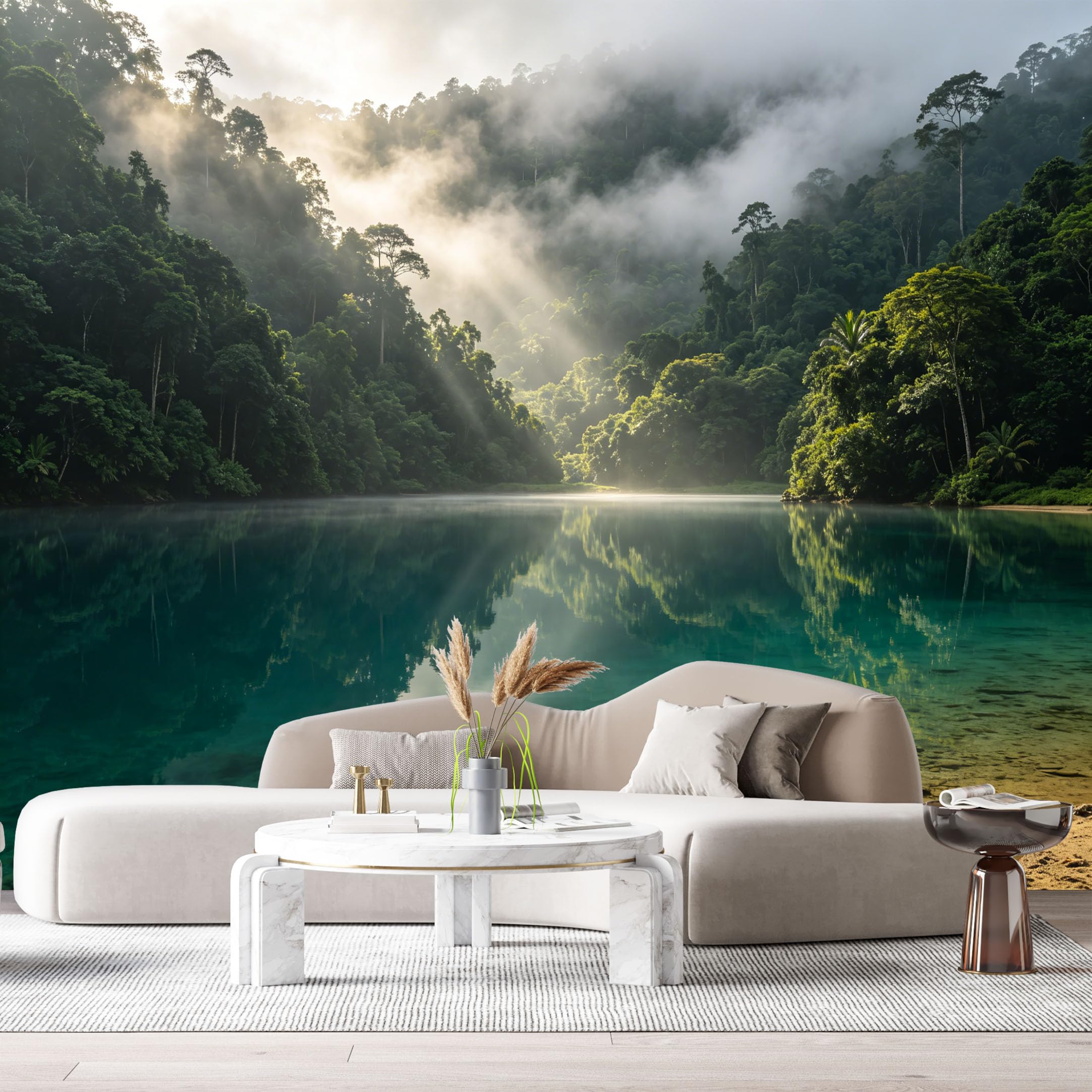 Custom Size Wall Murals Misty Tropical Forest Lake Landscape Nature Reflection SelfAdhesive Wall Fabric Removable Large Wallpaper for Photo Living Room