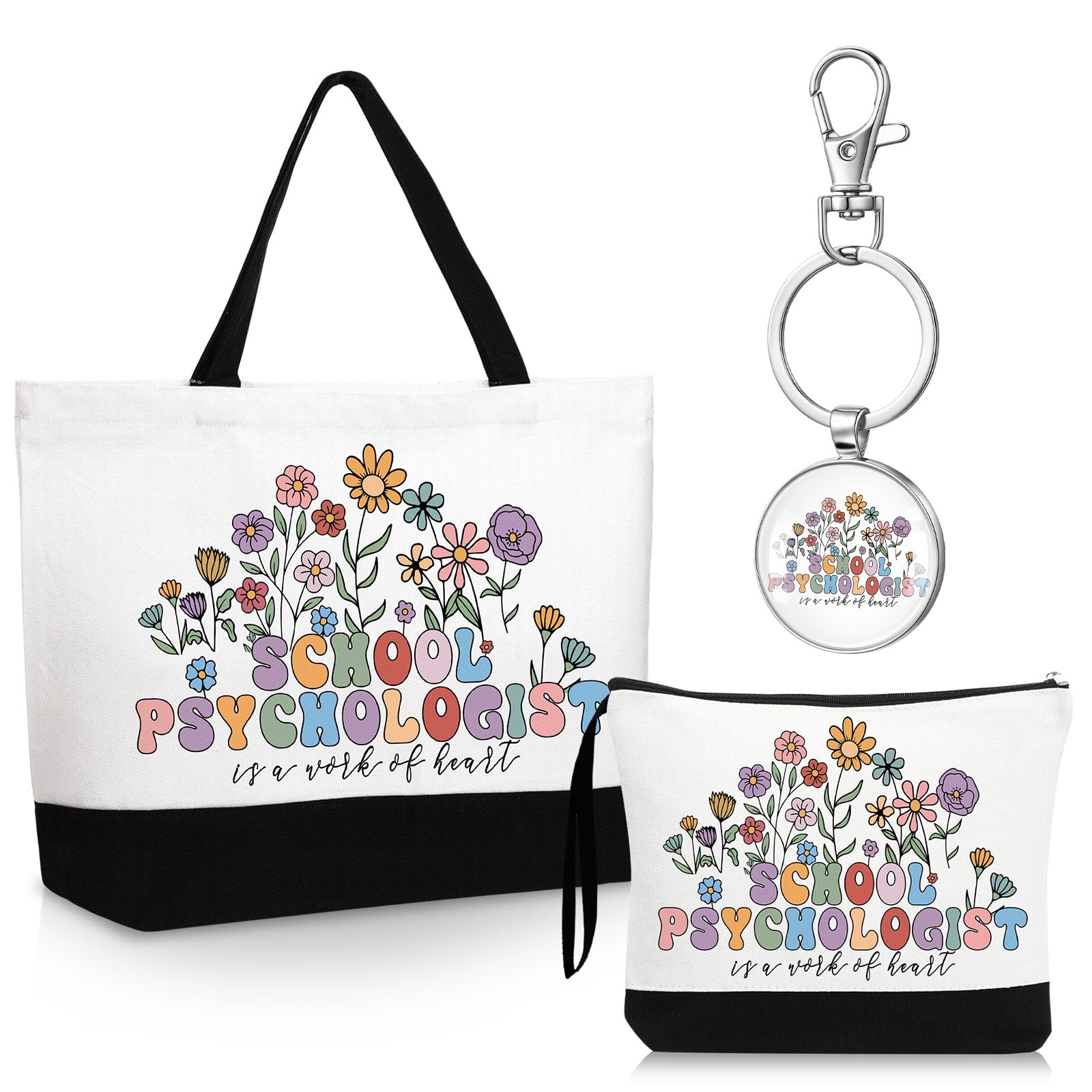 Kacctyen School Psychologist Appreciation Gifts Sets Canvas Tote Bag Makeup Cosmetic Bag Teacher Thank You Keychains for Women Employee Coworker Staff