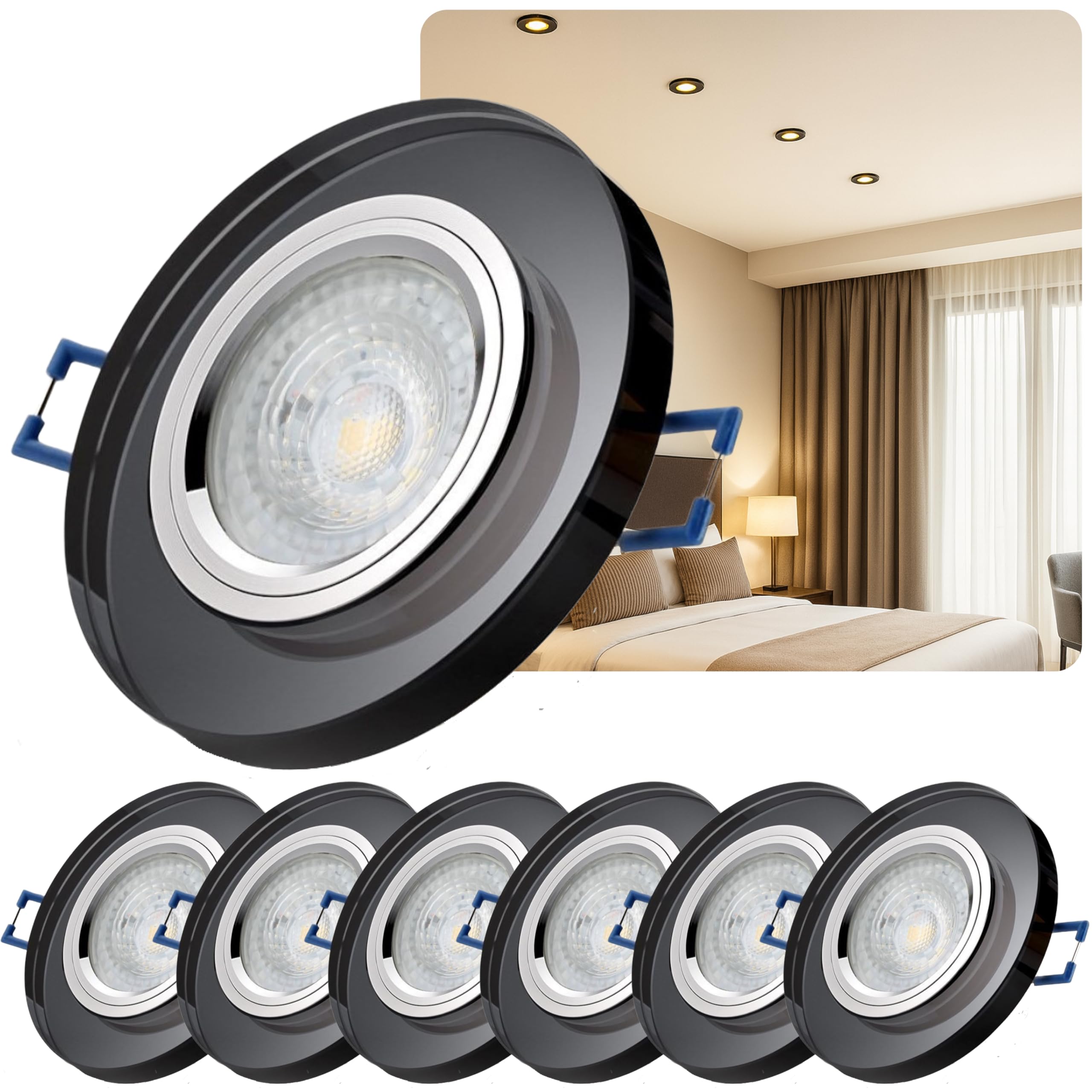 Sweet Led Einbaustrahler Glas 230V – 7W LED Spots, 530 Lm Warmweiß – GU10 Deckenspots, runde Einbauspots 68 mm, Schwarz – 3000K Deckenstrahler 6er Set