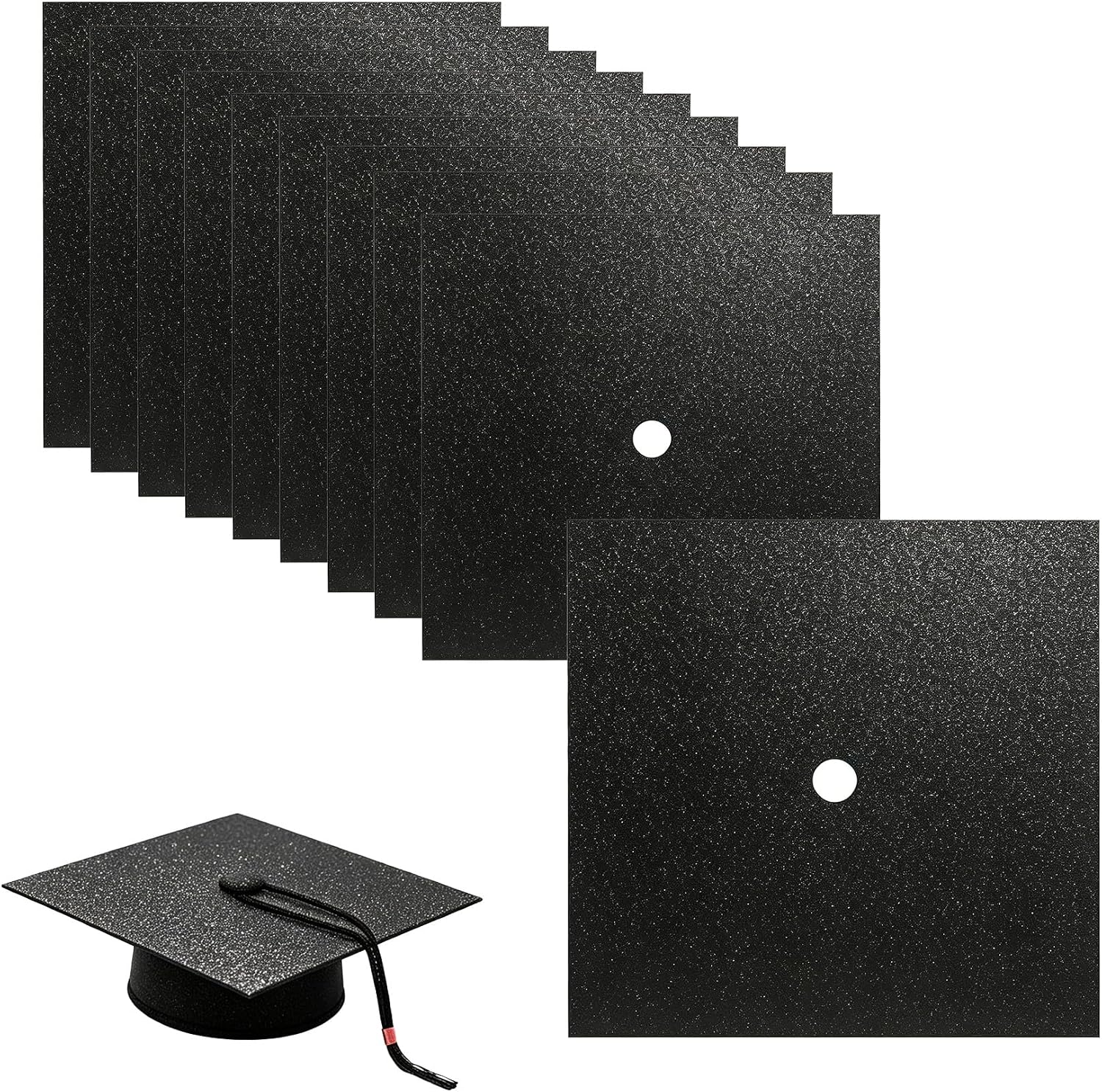 Graduation Cap Topper Decorations 10 Sheets Black Construction Paper(10x10 Inch) Cardstock Grad Cap Insert Decor Glitter Graduation Hat Toppers Cover Designs Crafts DIY Kits Bulks Sublimation Blank