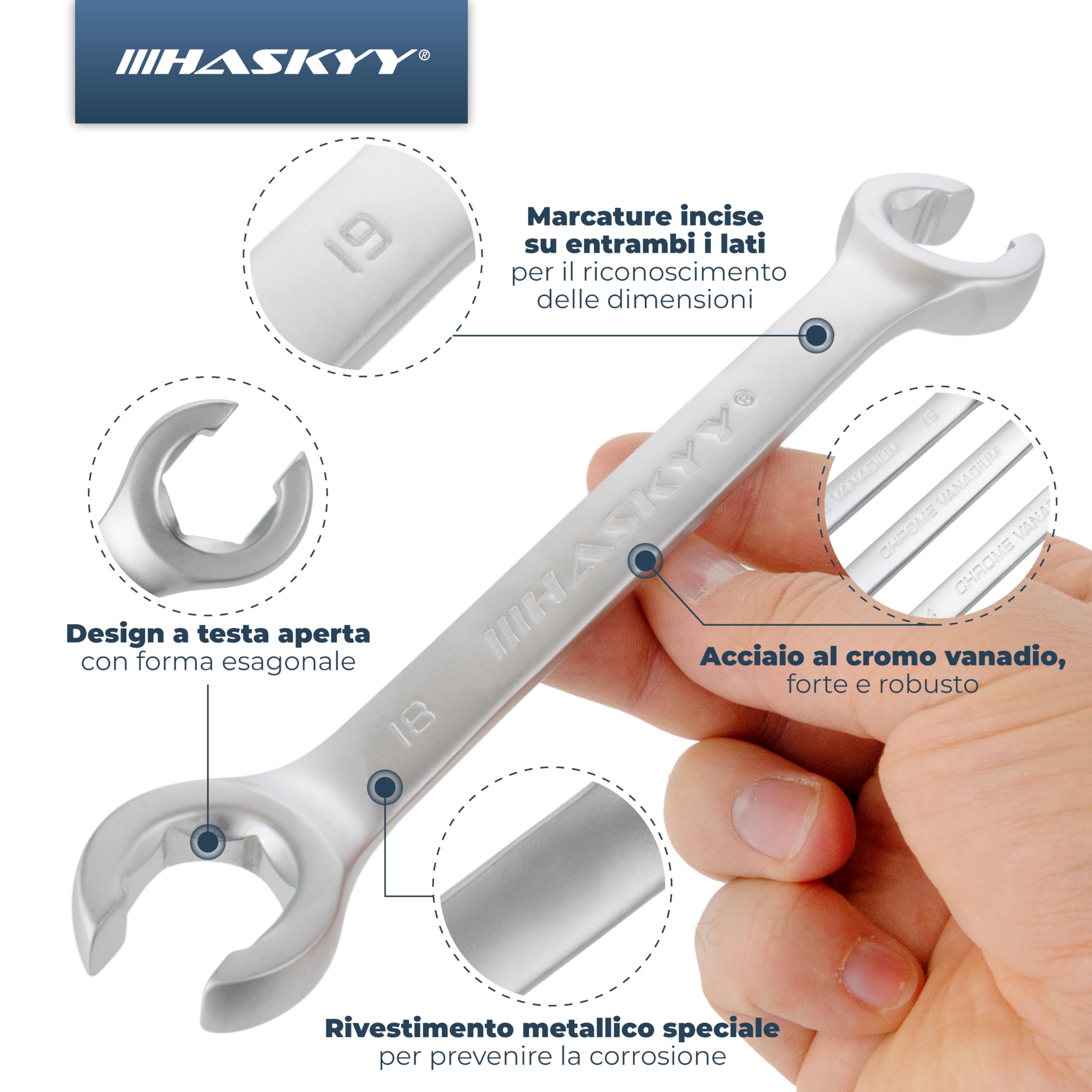 HASKYY 6 chiavi per tubazioni del freno SET I Chiave ad anello aperta I Chiave per tubazione del freno 8-19mm