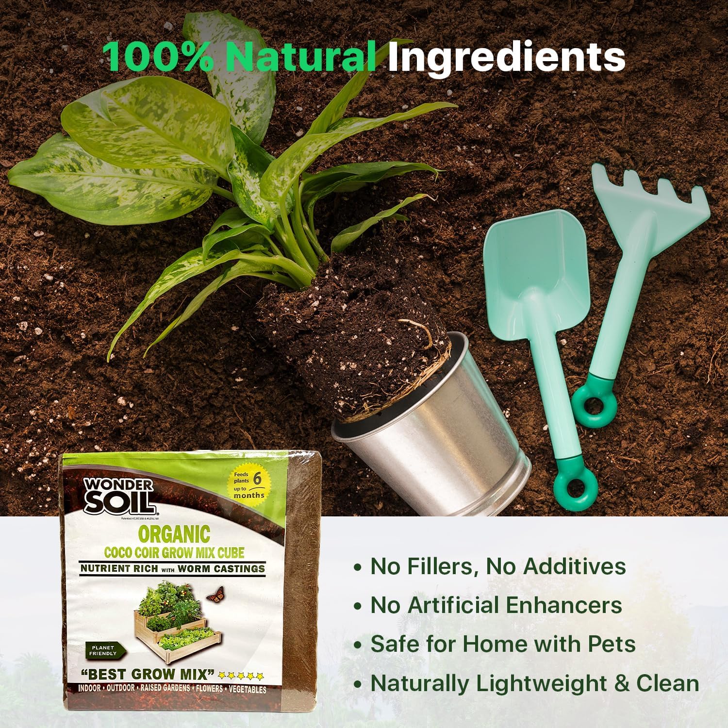 WONDER SOIL | (72 Quarts) The Only Ready to Plant Compressed Coco Coir Fully Loaded with Nutrients | Organic Coco Coir Brick/Block | 10 LBS Block Expands to 72 Quarts | Incl Worm Castings & Nutrients