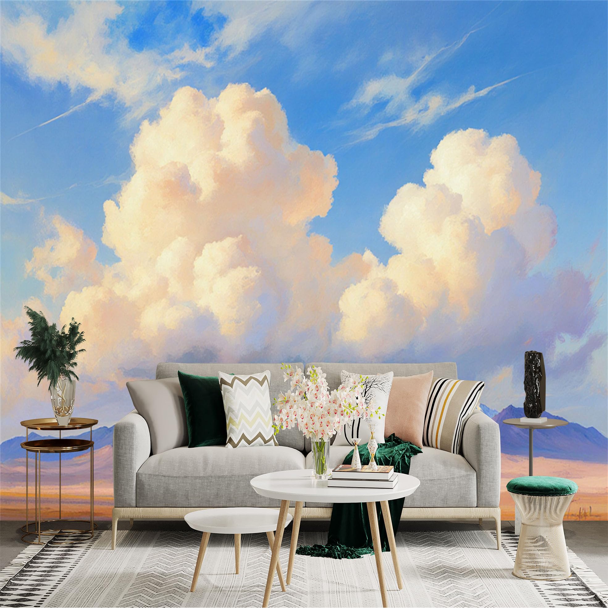 Custom Size Wall Sticker Mural， Fluffy Cumulus Clouds， Majestic Mountain Peaks， Vast Clear Blue Sky， Serene Desert Horizon， for wall Decoration， peelandstick wall Decals.
