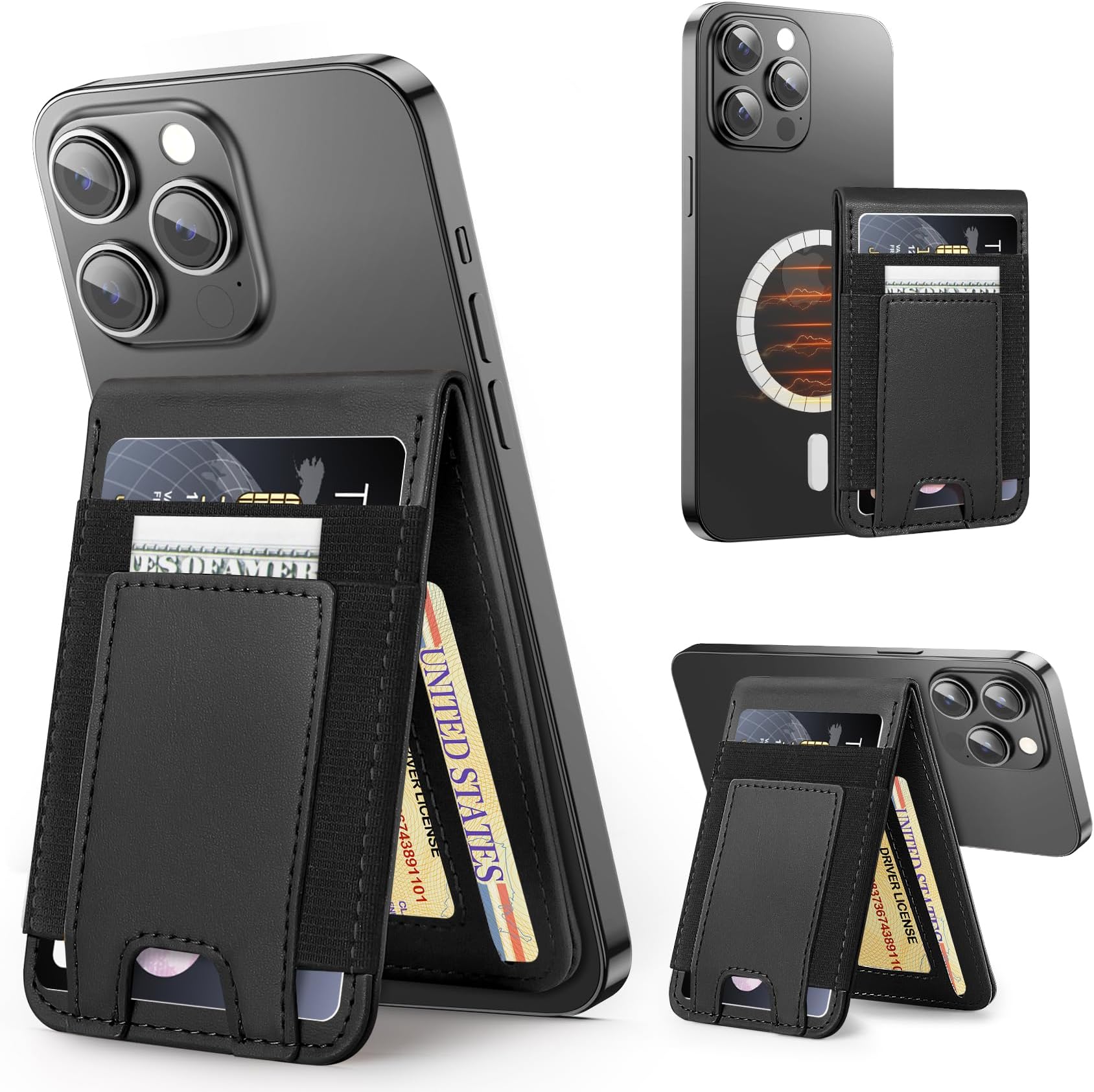 Miroddi MagSafe Wallet, Magnetic Card Holder with Adjustable Stand, Leather Magnetic Phone Wallet for iPhone 16/15/14/13/12 Series, Credit Cards Holder, ID Window, Fits 10 Cards, RFID Blocking, Black