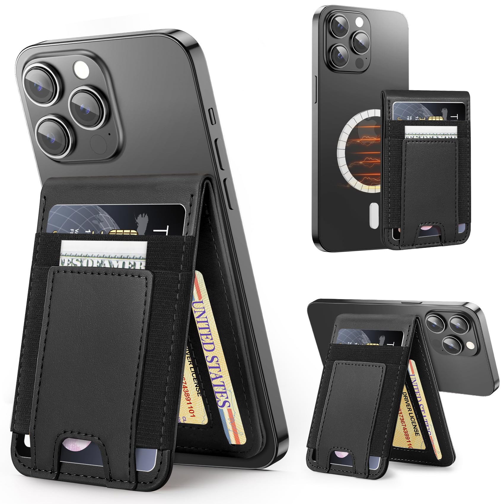 Miroddi MagSafe Wallet, Magnetic Card Holder with Adjustable Stand, Leather Magnetic Phone Wallet for iPhone 16/15/14/13/12 Series, Credit Cards Holder, ID Window, Fits 10 Cards, RFID Blocking, Black