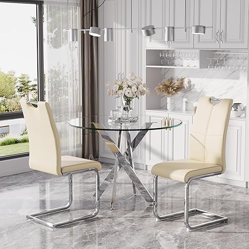 Miniatura 8 de Juego de mesa de comedor redonda moderna de vidrio de 36 pulgadas para 4, mesa de comedor de vidrio con patas cruzadas de metal, mesa de cocina con