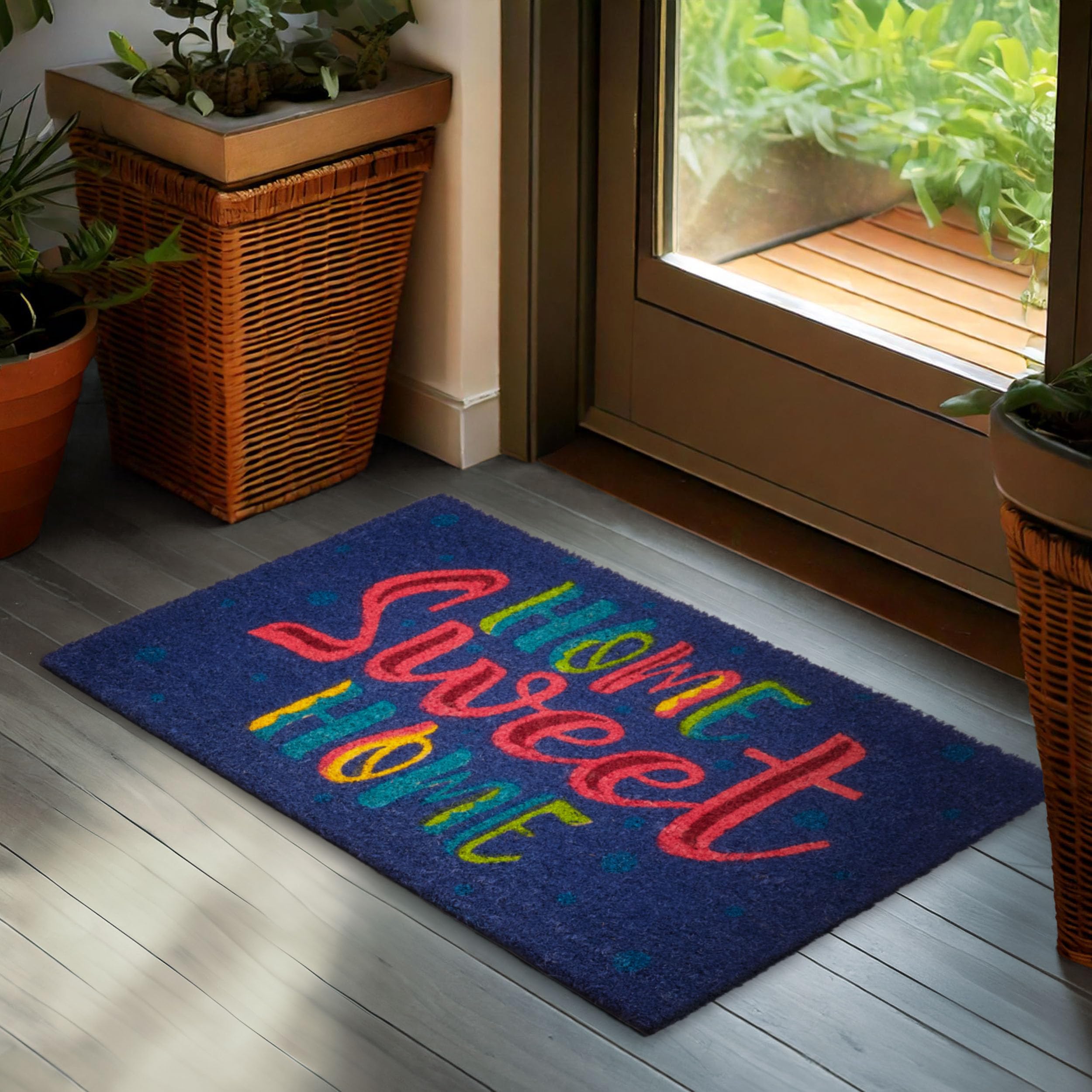 BRUBAKER Fußmatte für Außen und Innen - Home Sweet Home - 45 x 75 cm Schmutzfangmatte aus 100% Kokos - Antirutsch Fußabtreter Wetterfest und rutschfest - Türmatte für Haustür - Blau Bunt