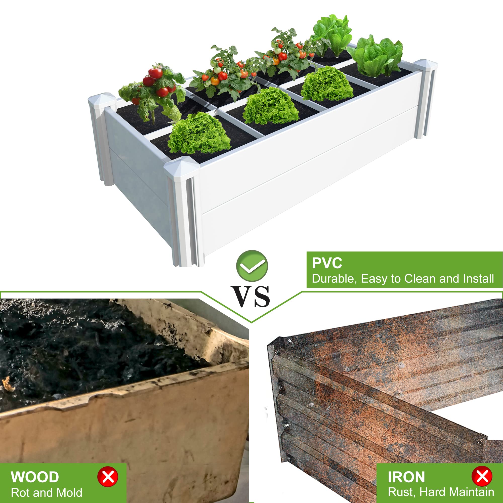 [Qikdesign] Kit de cama de jardín elevado de 45 x 22.5 pulgadas, cama elevada al aire libre para cultivar verduras, flores, hierbas, caja de maceta de plástico de vinilo fácil con rejilla de cultivo
