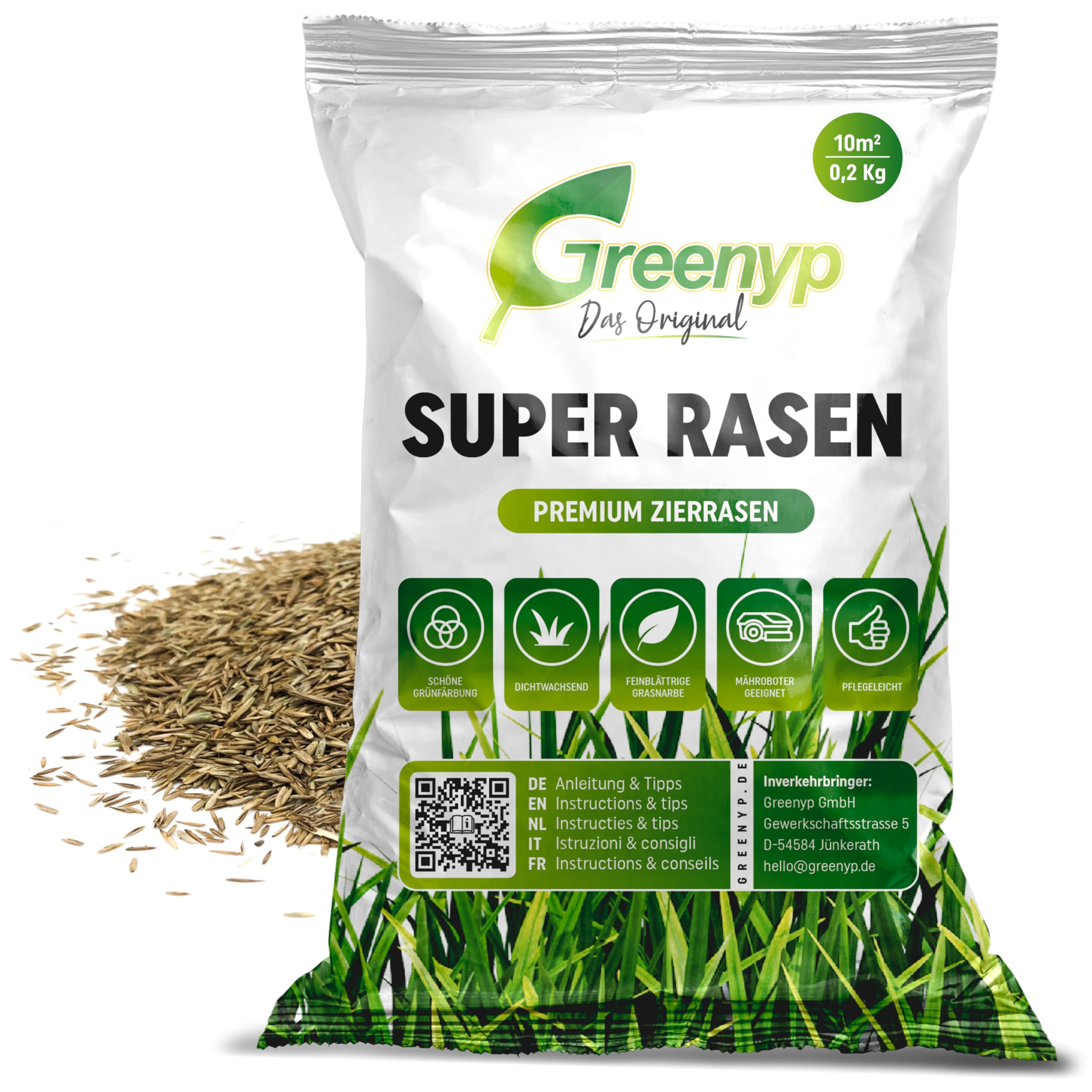 Greenyp® Super Rasen I sattgrüner Premium Zierrasen Nachsaat I Traumrasen Grassamen Rasensamen Rasensaat Gras besonders schnellkeimend 0,2kg für 10m²