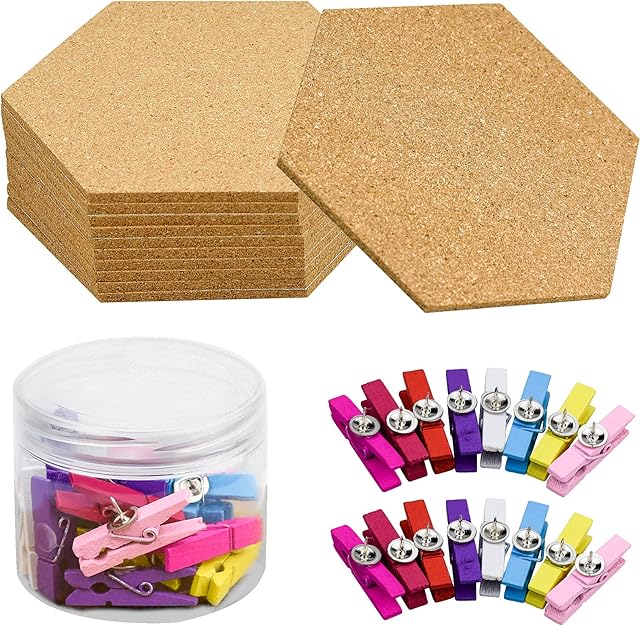 HongBoom 10Pcs Hexagon Cork Board Tiles,Hexagonal Cork Board Self Adhesive DIY Pin Boards with 20 Colorful Push Pins for Pictures,Photos,Notes,Room Decoration(20.5x17.7 cm)