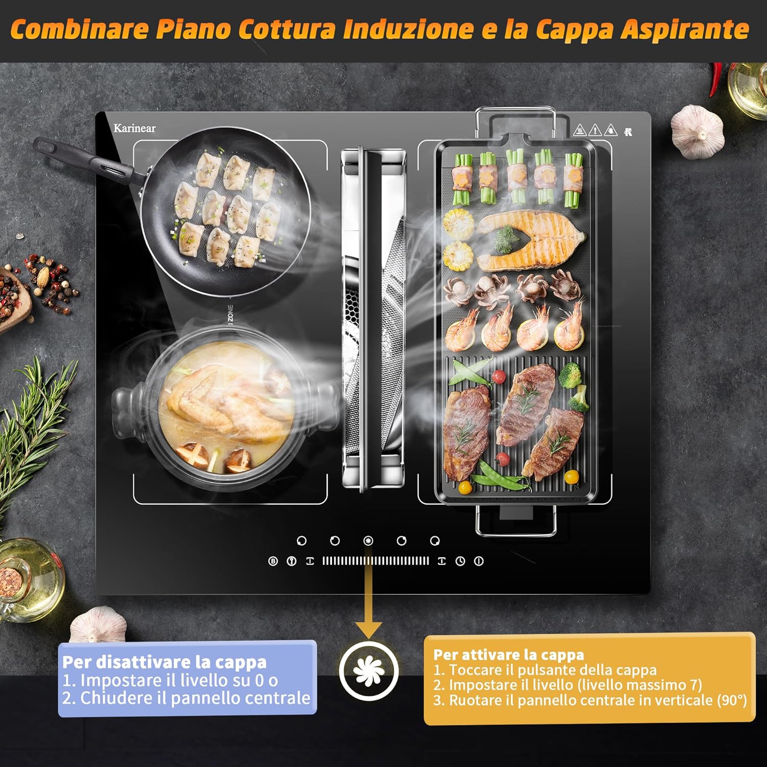 Karinear induction cooktop with integrated hood, showing activation and deactivation steps