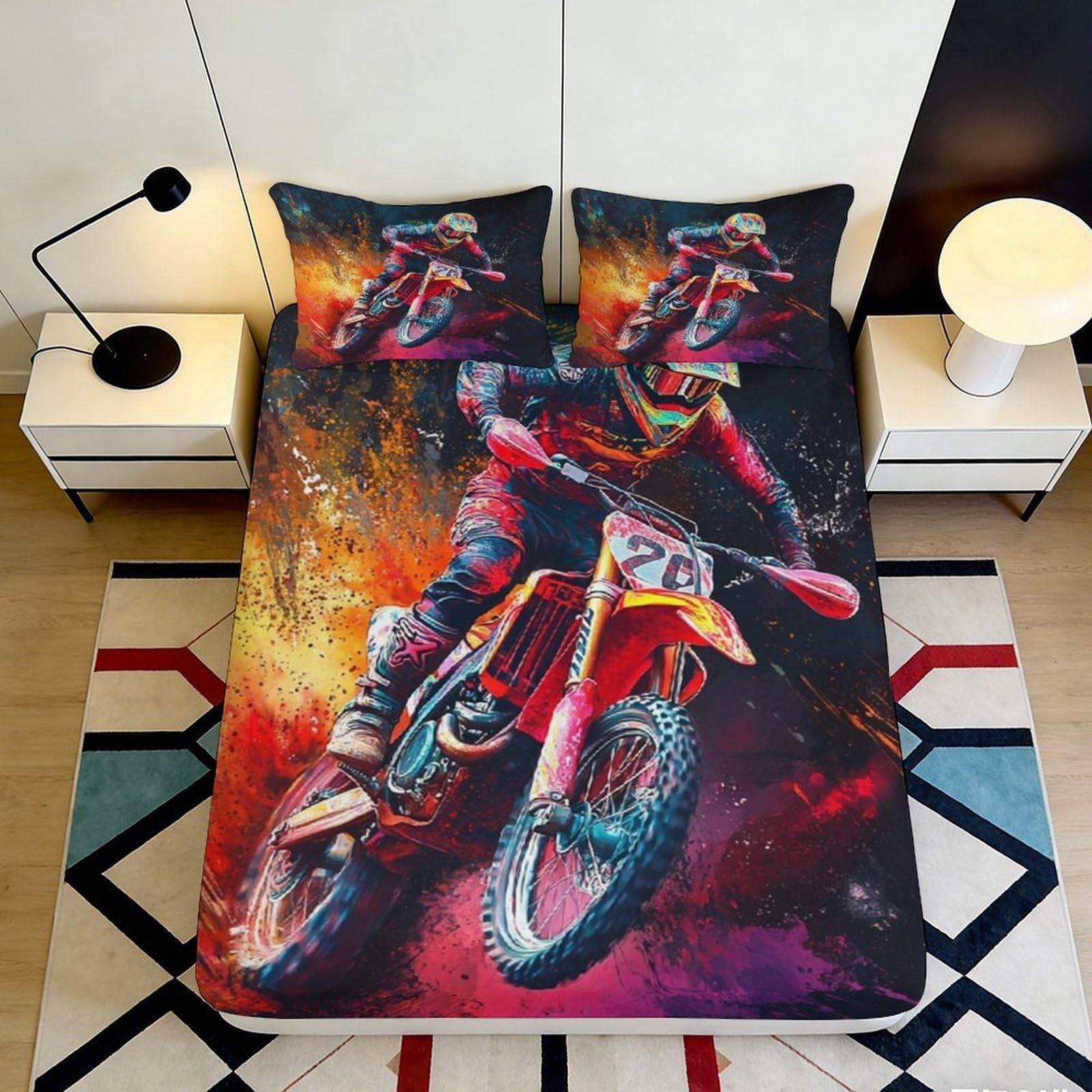3D Printed Motocross Rider Fitted Sheet Microfiber Durable Vibrant Dirt Bike Bed Cover for Bedroom Dormitory Guest Room Mattress Protection 90x200x25cm