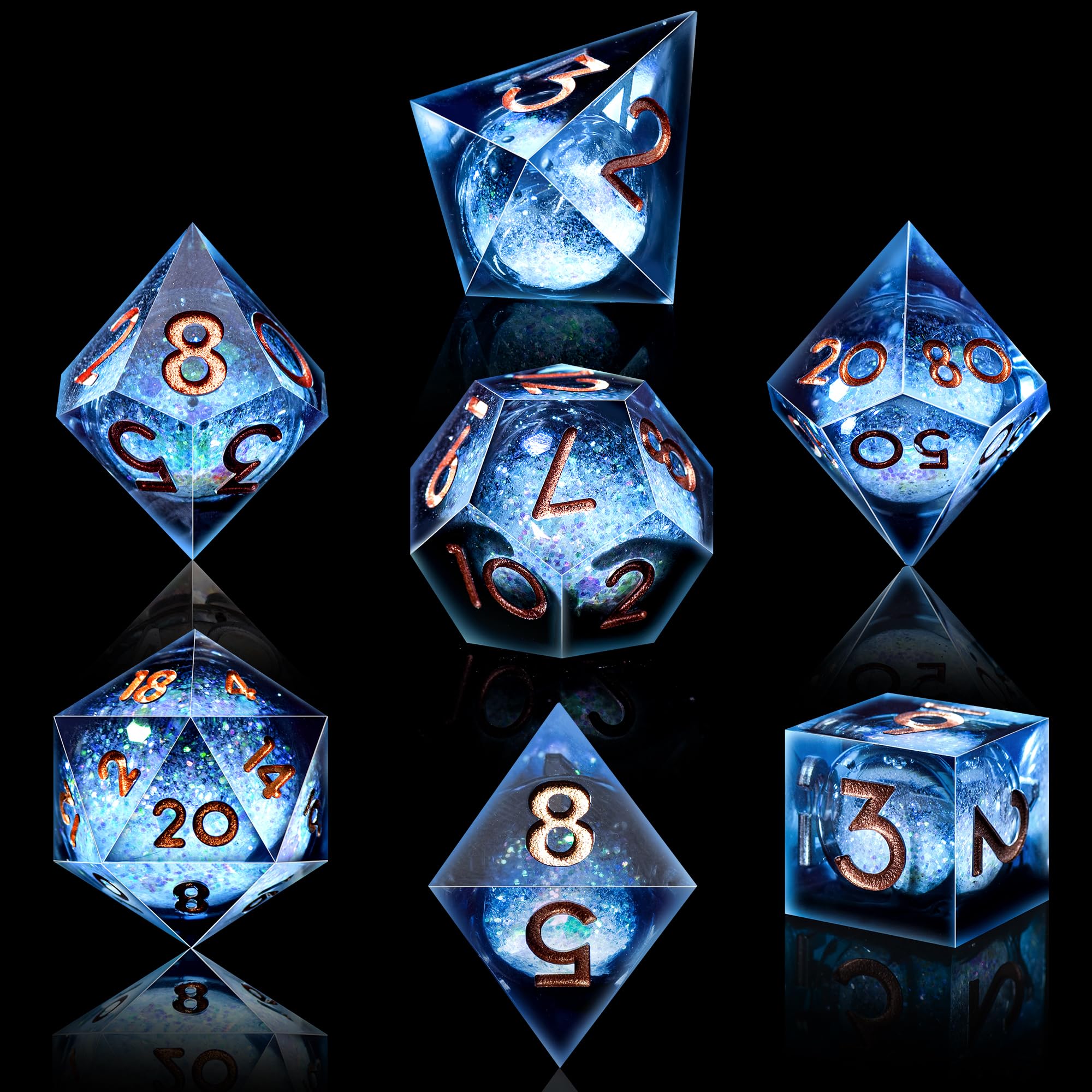SIQUK 7 Piezas Dados Nucleo Liquido Juego Dados Poliedricos D4 D6 D8 D10 D12 D20 D% DND Dice para RPG MTG Dungeons and Dragons, Azul & Negro, Dorado - 3