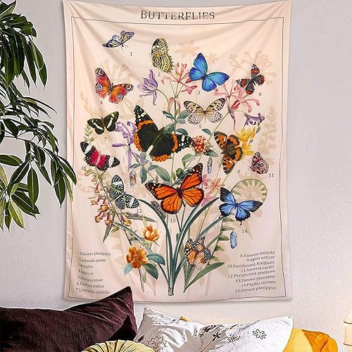 Zussun Tapiz de mariposa vertical vintage floral para dormitorio, tapiz estético de plantas de flores, tapiz para colgar en la pared, retro, beige,