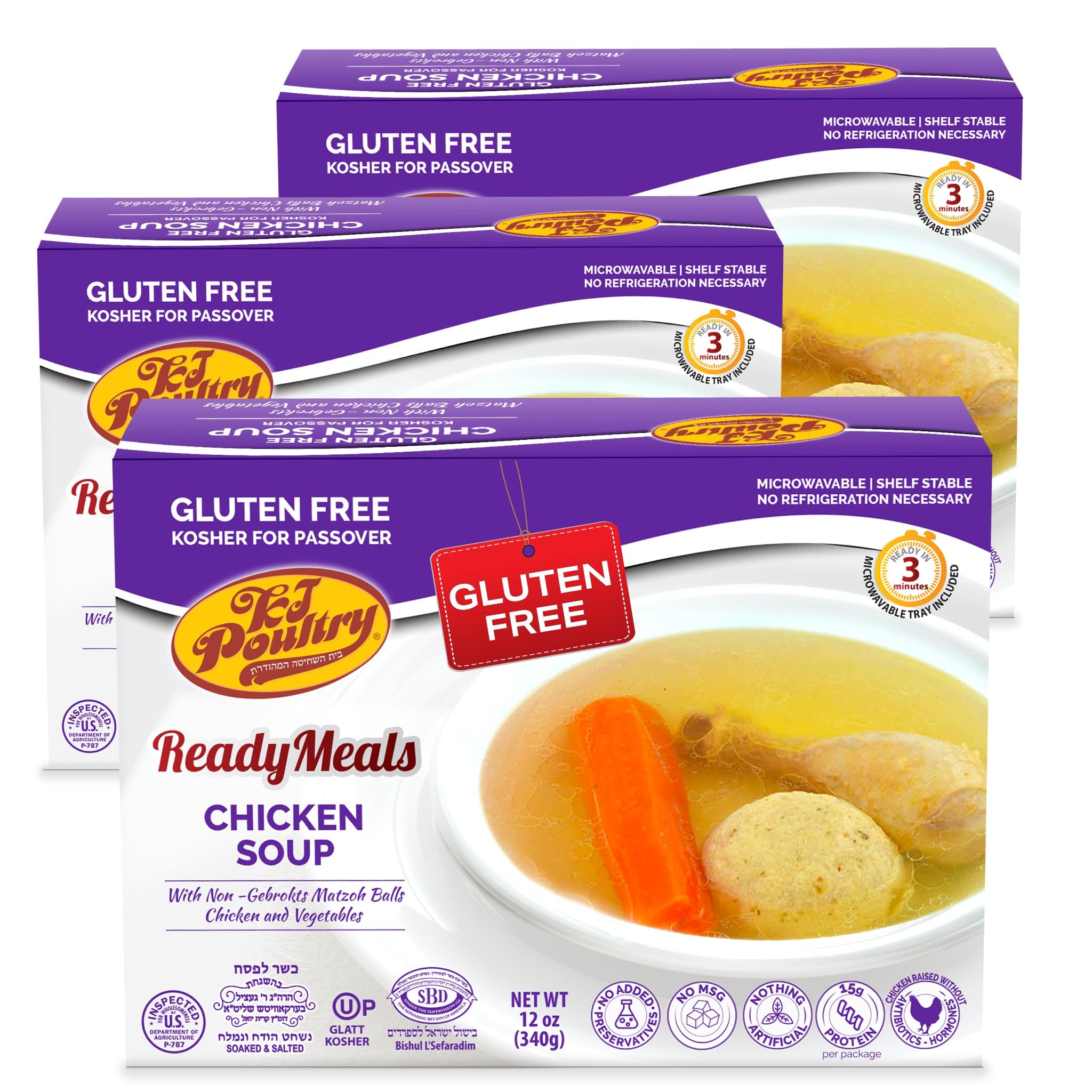 KJ Poultry Kosher for Passover Gluten Free Meals, Chicken Soup with Non Gebrokts Matzo Balls, Halal, (3 Pack) Prepared Entree Fully Cooked, Shelf Stable Microwave Dinner, Travel Military Camping