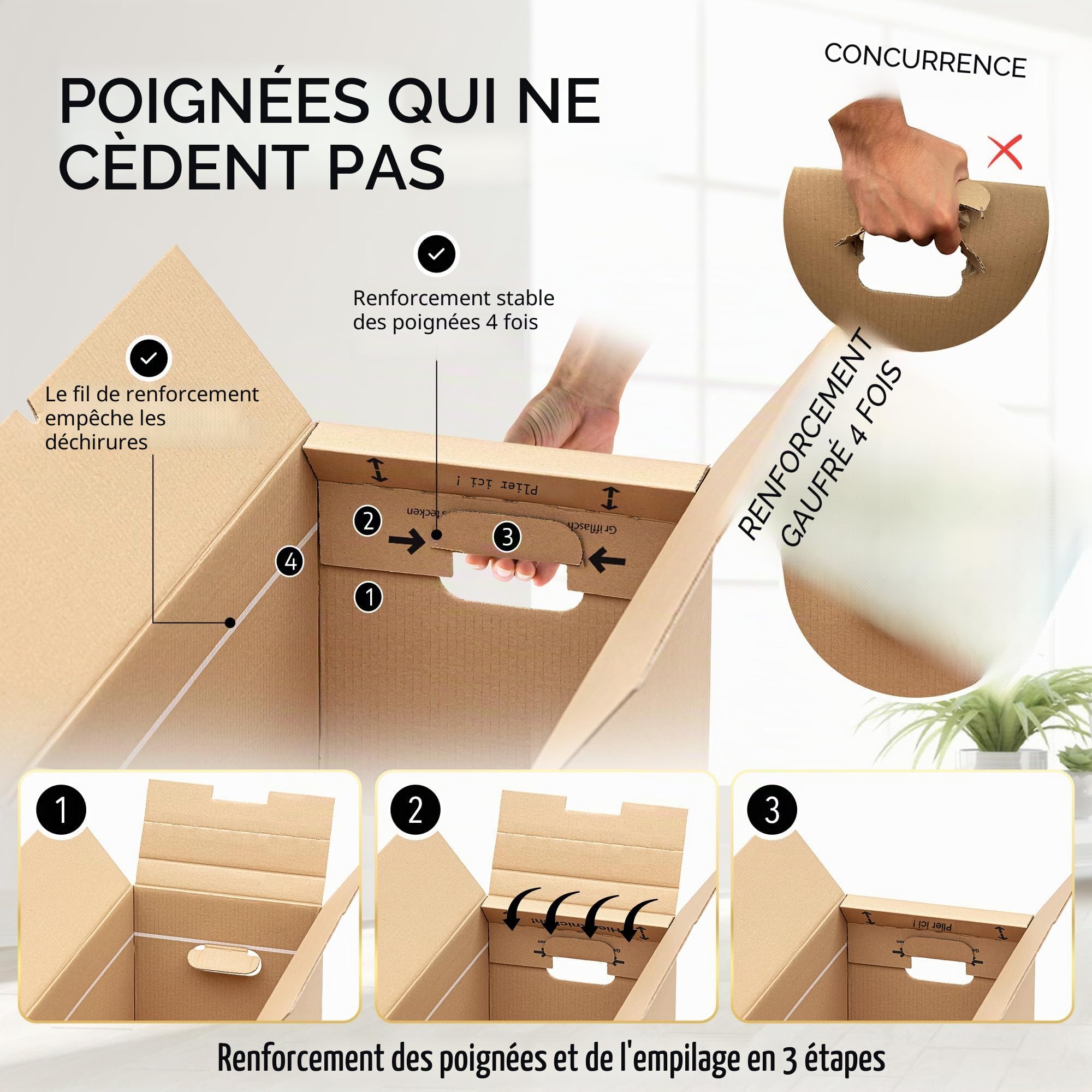 Cartons de déménagement 20 plis | Extra stable et empilable avec double arbre | Base papillon robuste | Capacité de charge élevée | Idéal pour chaque mouvement