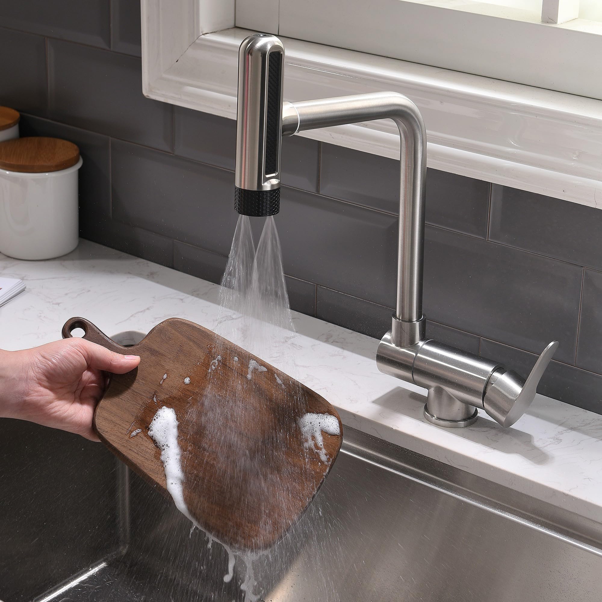 Rubinetto da cucina pieghevole, 4 modalità di spruzzatura dell'acqua, ad alta pressione, per davanzale, in acciaio inox 304