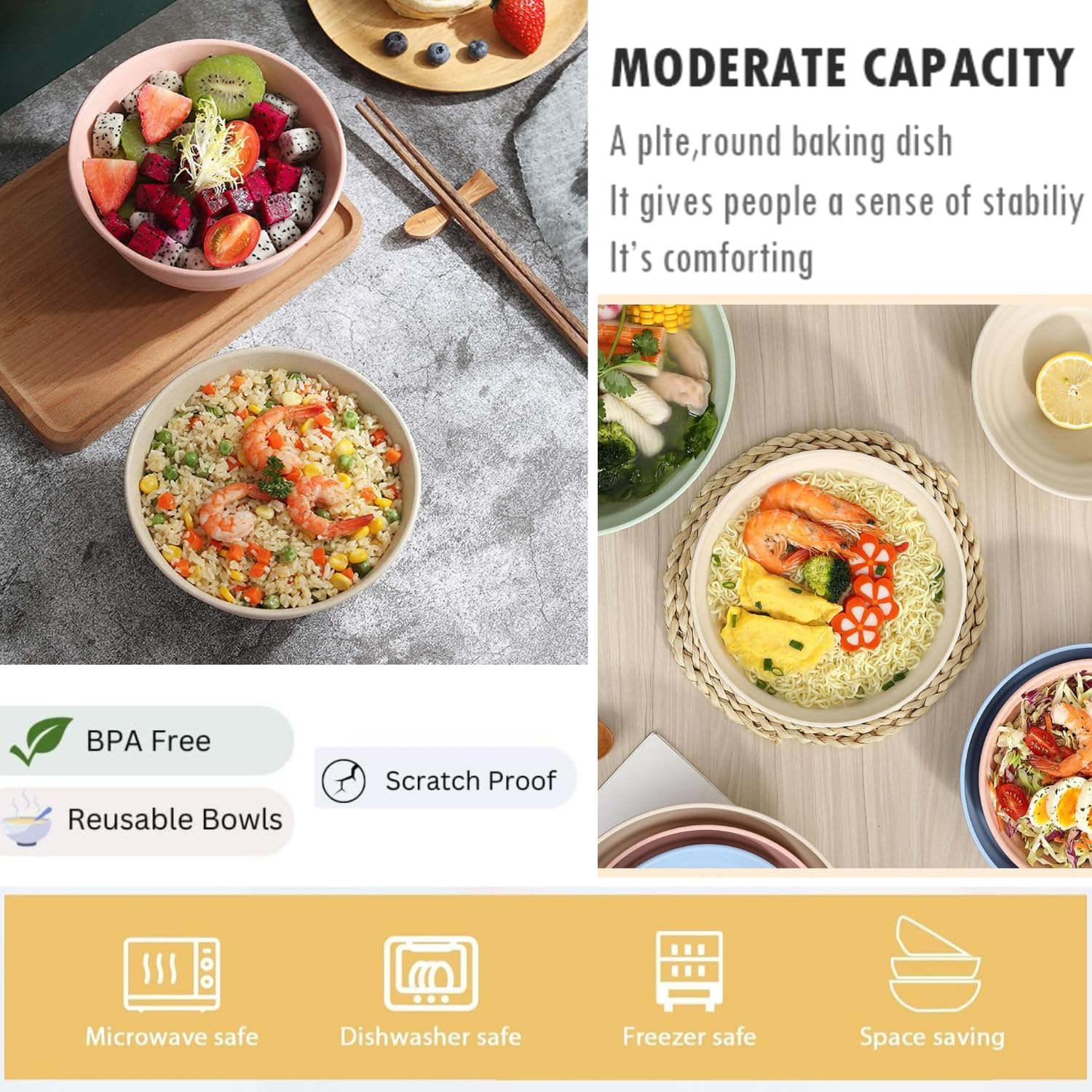 Solma Wheat Straw Cereal Bowls Set 4 PCs Random Colorful 54oz Unbreakable Cereal Bowls Microwave and Dishwasher Safe Lightweight Kitchen for Ramen Oatmeal Salad Soup 2