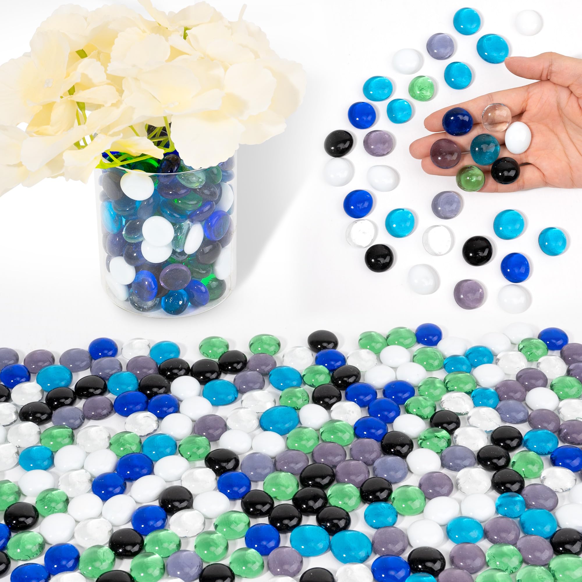 7 Colors Glass Beads for Vases, 440g Mancala Stones, Decorative Vase Filler Beads Gems, Flat Marbles for Flower Holder, Crafts, Flat Glass Marbles Pebbles for Aquarium Decor, Fish Tank Decorations