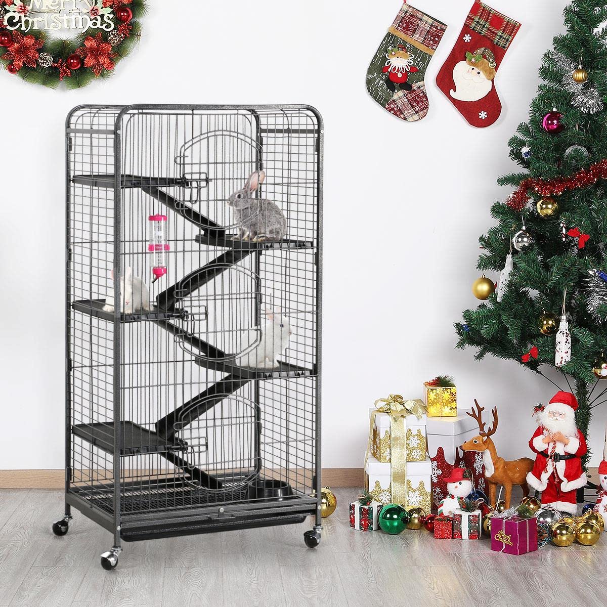 Yaheetech Jaula Hurones Grande con Pie 64x43x131cm Jaulas para Roedores Hamster Caseta para Conejos Enanos Negro