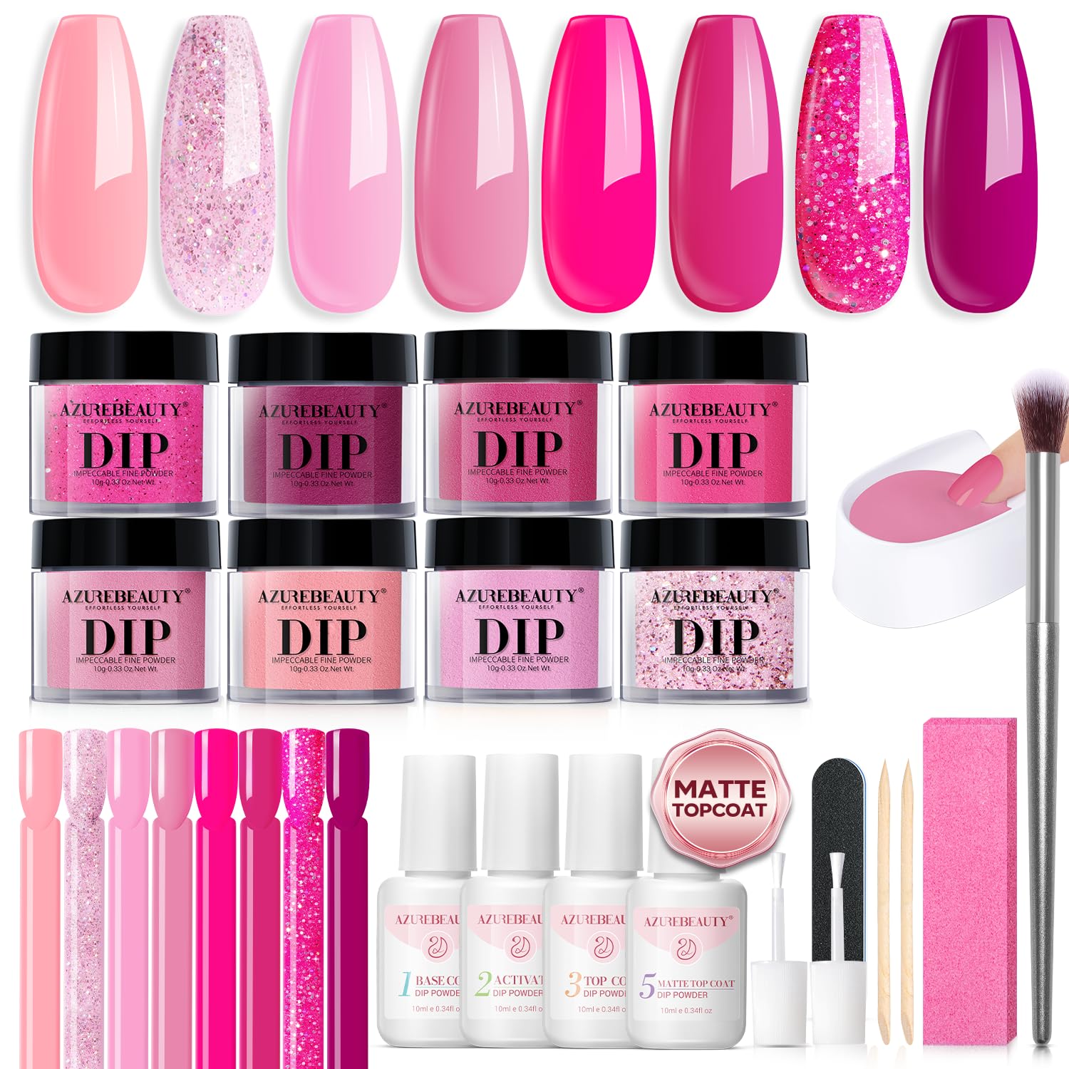 AZUREBEAUTY Dip Powder Nail Starter Kit with Matte Coat, 8 Hot Pink Glitter Neon Summer Color, Dipping Powder Liquid Set with Base/Top Coat/ Activator
