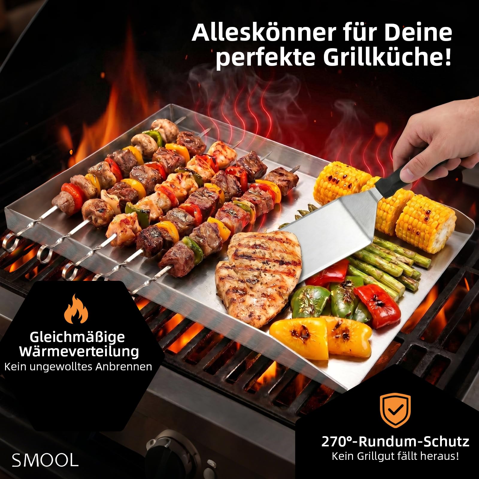 SMOOL Plancha de acero inoxidable de 30 x 20 cm, para barbacoa de gas, | Barbacoa de carbón y parrilla eléctrica, juego de plancha con espátula, brochetas y cepillo de limpieza para camping y