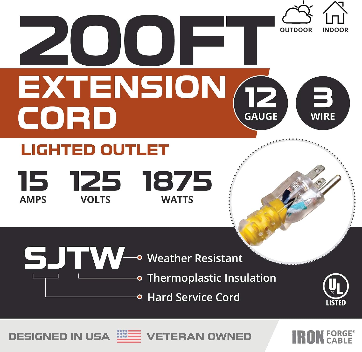 Bеѕt Cуbеr Dеаlѕ 🔥 200 Foot Lighted Outdoor Extension Cord - 12/3 SJTW Heavy Duty Yellow Extension Cable with 3 Prong Grounded Plug for Safety, 15 AMP - Great for Garden and Major Appliances