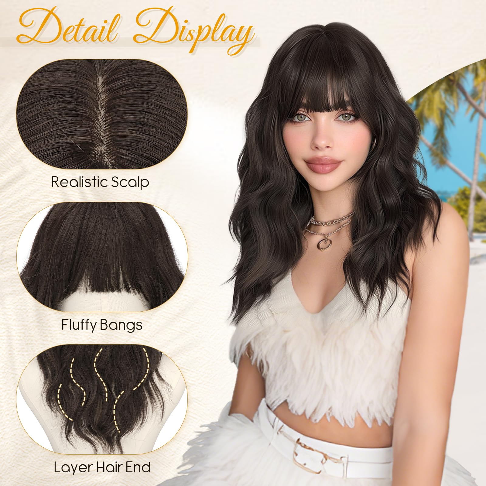 RUWISS Perruque Ondulée Brun Foncé Mi-longue 50 cm avec Frange, Naturel Layered Perruques pour Femme Cheveux Synthétiques Résistantes pour Usageet Quotidien et Cosplay
