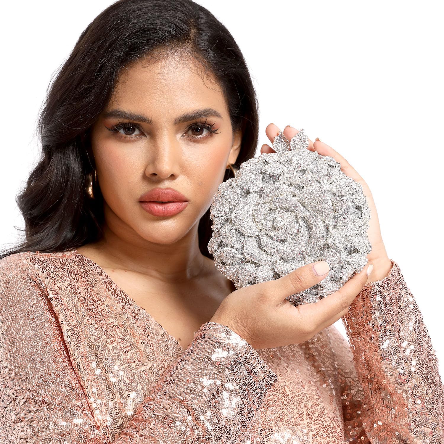 Boutique De FGG Round Rose Flower Crystal Clutch Purses for Women Formal Evening Bags Wedding Clutch Bag Party Handbags,Mini
