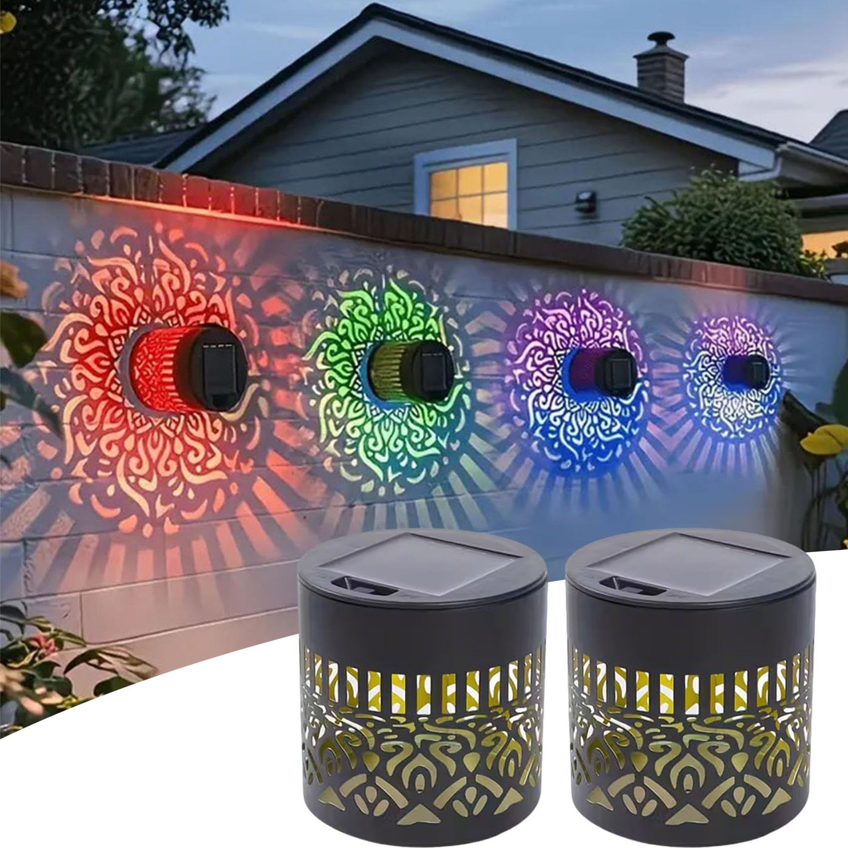 Solar Mandala Wall Light Outdoor Garden Fence Projector Lamp Patio Ambient Decor, IP65 Waterproof Auto On/Off, 2 Pack Boho Colourful Solar Mandala Lantern for Post,Pathway,Porch,Stairs,Yard Art (A2)