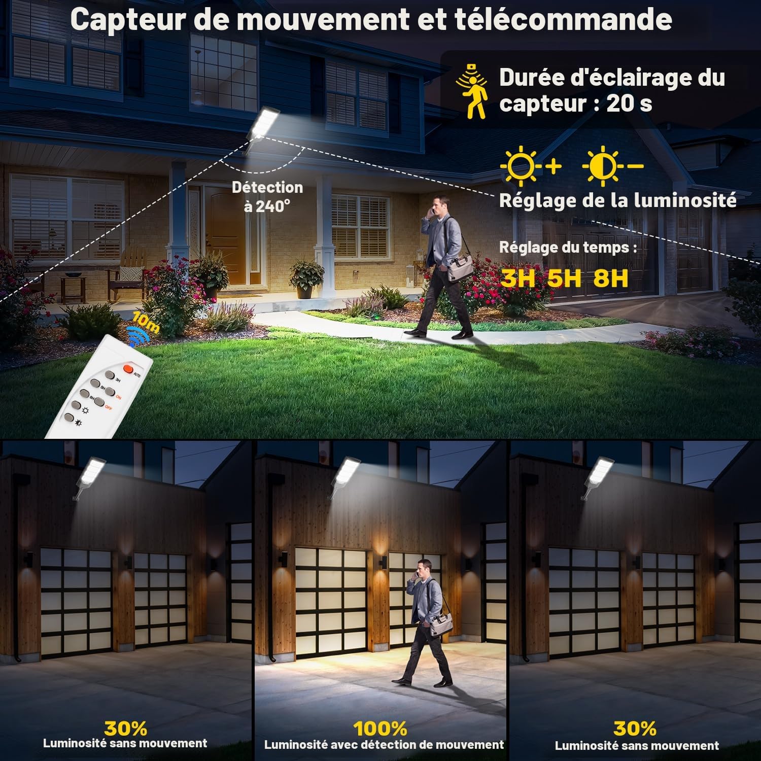 600W Lampadaires solaires extérieurs, Projecteur LED solaire 6500K, IP66 étanche eclairage solaire avec détecteur de mouvement et télécommande, lumières de sécurité lampadaire de jardin garage