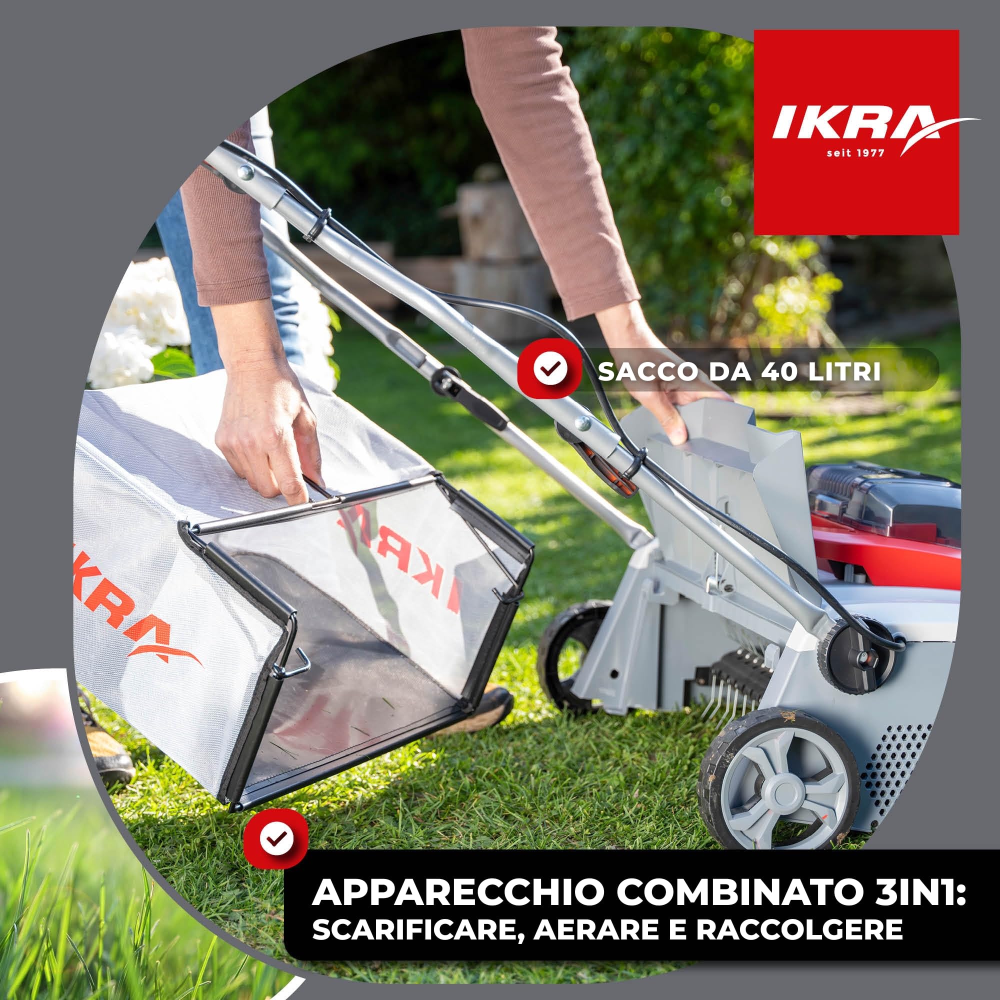 IKRA scarificatore arieggiatore a batteria 3in1 IAVL 2-2040, larghezza 40cm | Inclusi 2 batterie 20V 4,0Ah e caricatore rapido, cesto 40 l, +12/-3 mm, cambio rullo senza attrezzi, IKRA 20V