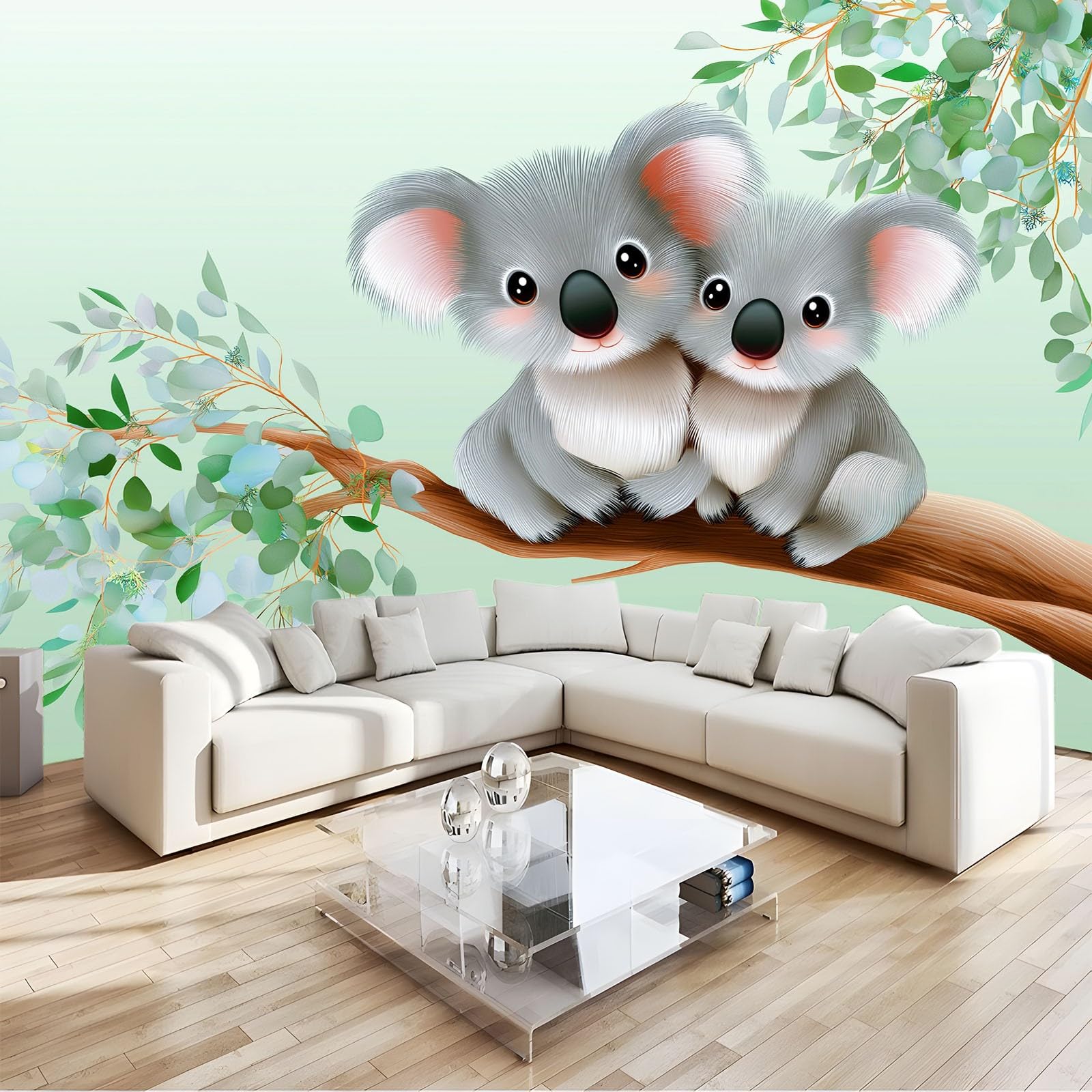 Generico Panoramiczna tapeta XXL kreskówka koala liście roślin, dekoracyjny plakat ścienny szałwiowy zielony do pokoju dziecięcego, sypialni i salonu 350 x 256 cm