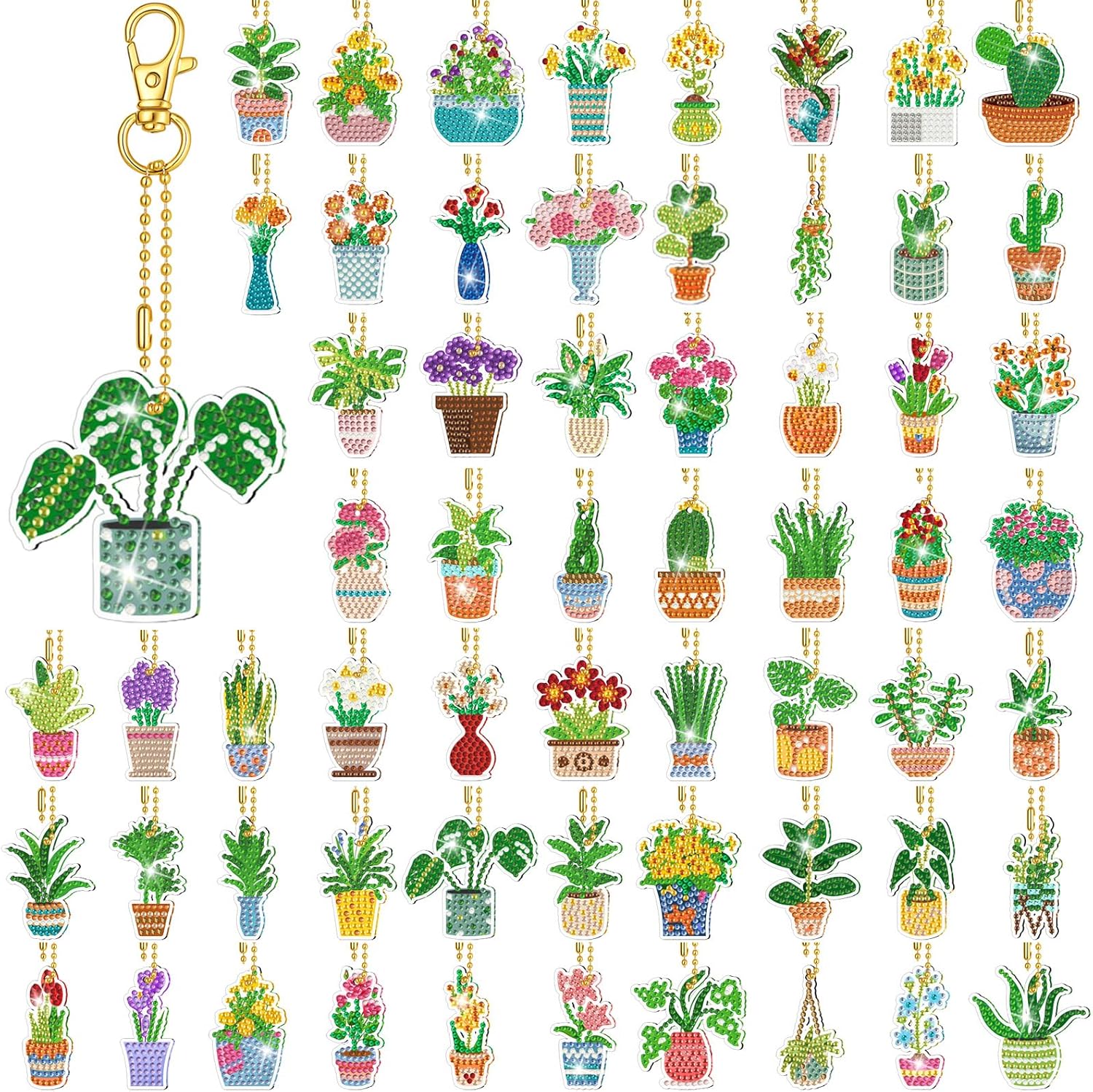 Huquary 60 Pcs Diamond Art Keychains Potted Plants Diamond Painting Keychain Kits for Adults Double Sided 5d Rhinestones Spring Hanging Key Chains Ornaments for Beginners DIY Crafts Party