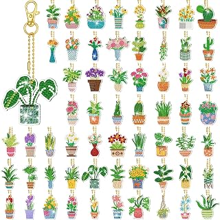 Huquary 60 Pcs Diamond Art Keychains Potted Plants Diamond Painting Keychain Kits for Adults Double Sided 5d Rhinestones Spring Hanging Key Chains Ornaments for Beginners DIY Crafts Party