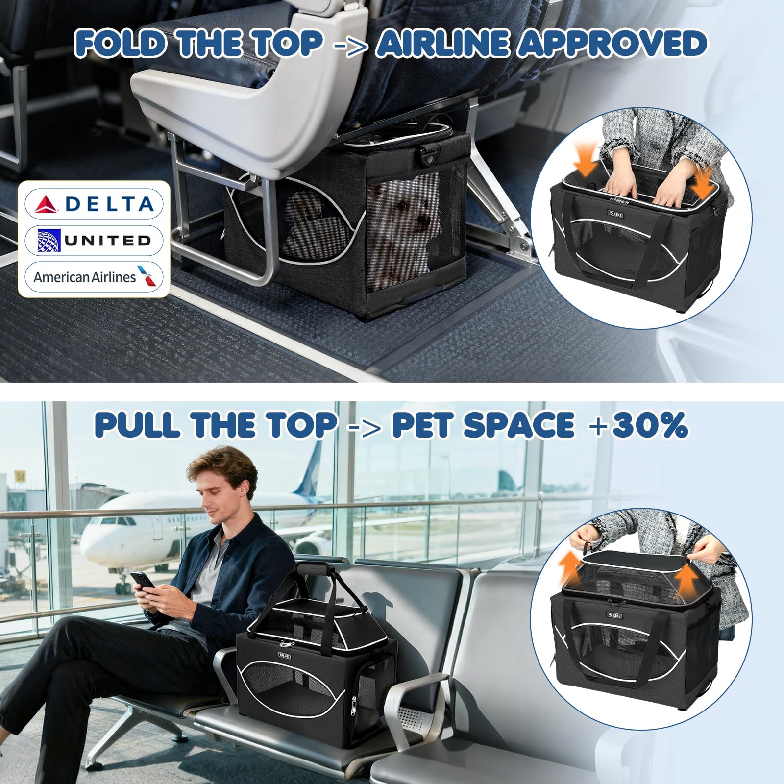Lekereise Top-erweiterbare Haustier-Tragetasche, 43,2 x 27,9 x 24,1 cm, Alaska, hawaiianische Fluggesellschaft zugelassen, unter dem Sitz bis zu 5,4 kg, stabile Auto-Reisetasche für kleine Hunde und