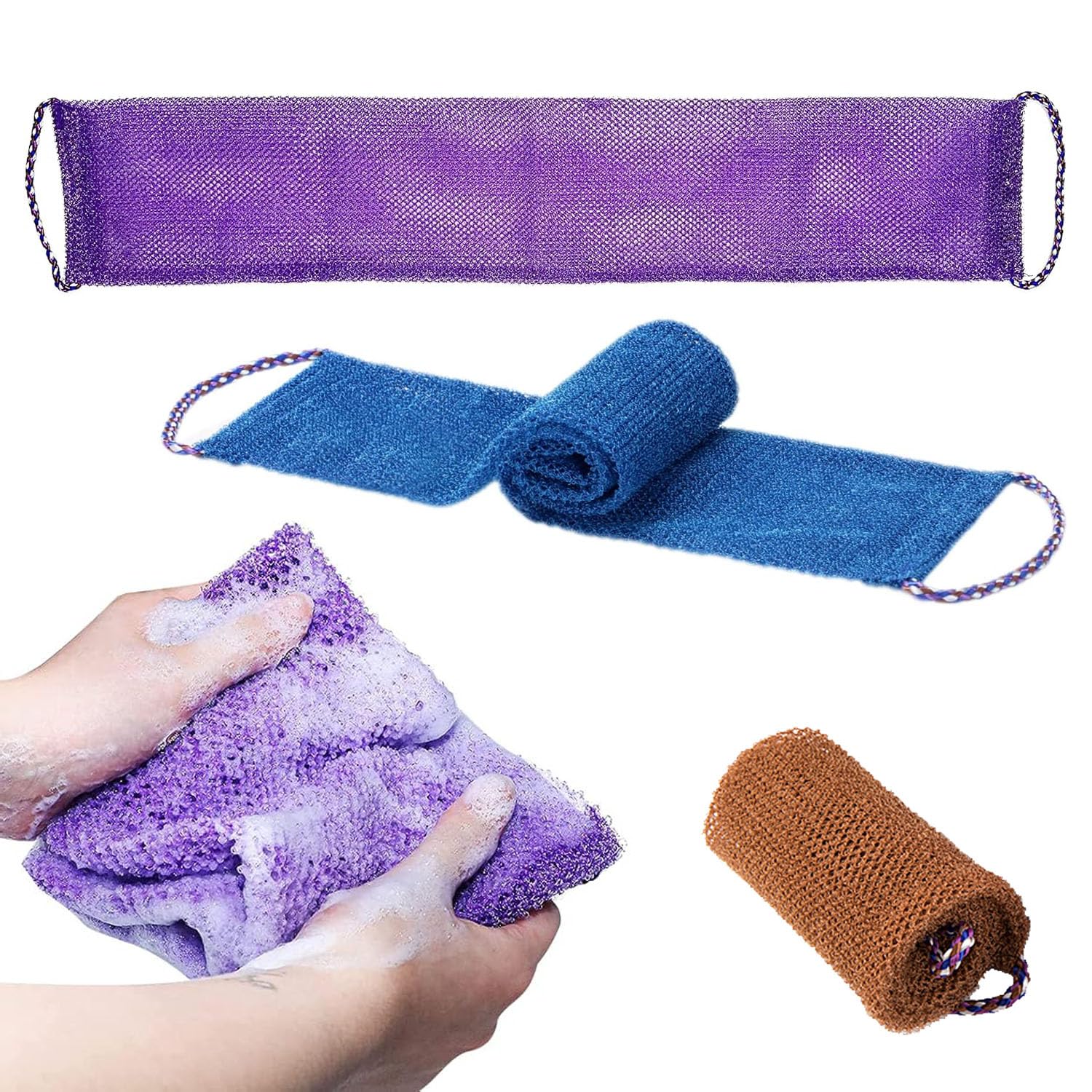 3-Piece Exfoliating Bath Set, Long Handle Body Scrubber with Deep Cleansing Net Sponge - Image 4