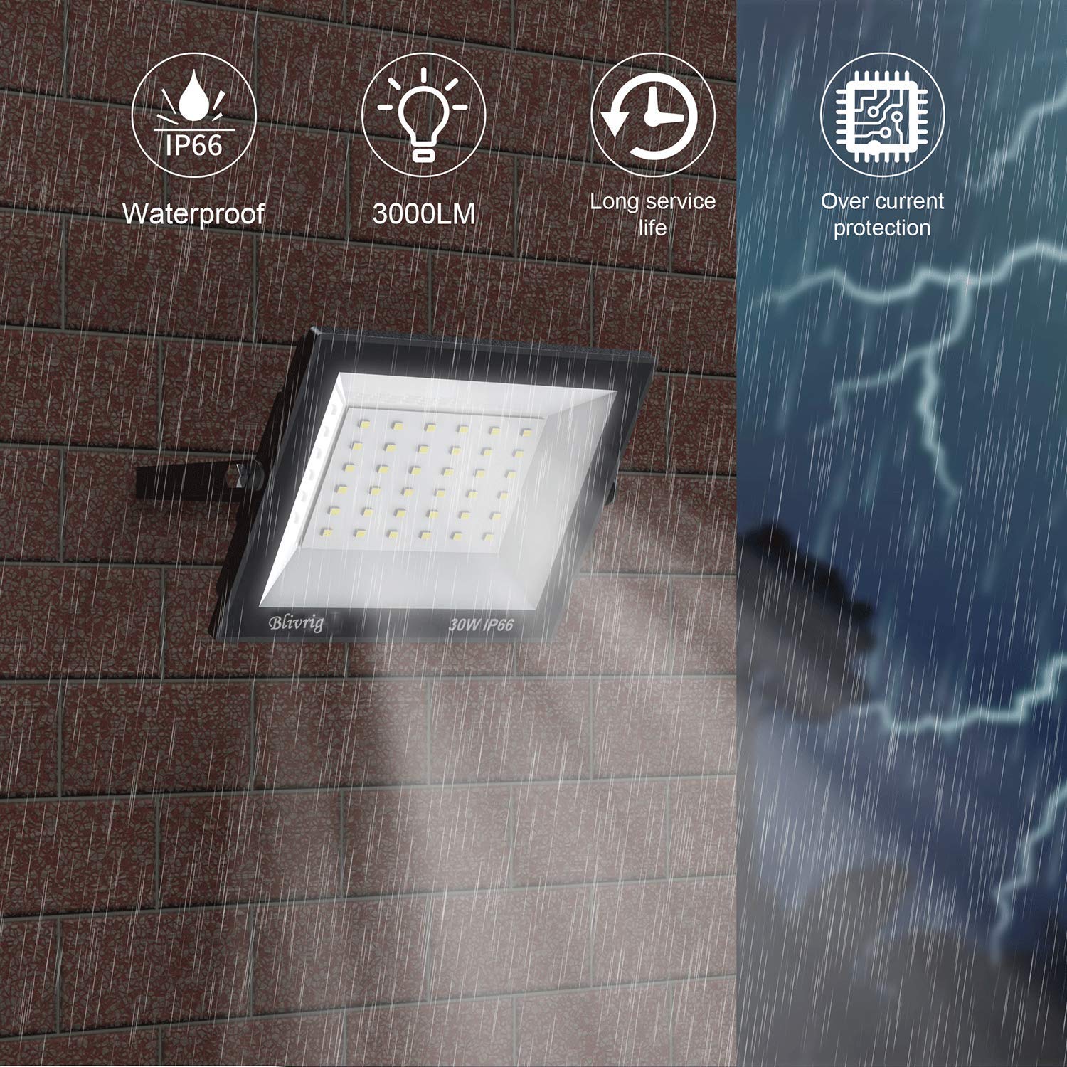 4PCS 30W Projecteur LED Exterieur Blanc Froid Eclairage 6500K, 1000LM Spot LED Extérieur IP66 Imperméable Mur Plafond Sol, pour Terrasse, Patio, Chemins, Stades, Usines, Garage, Jardi