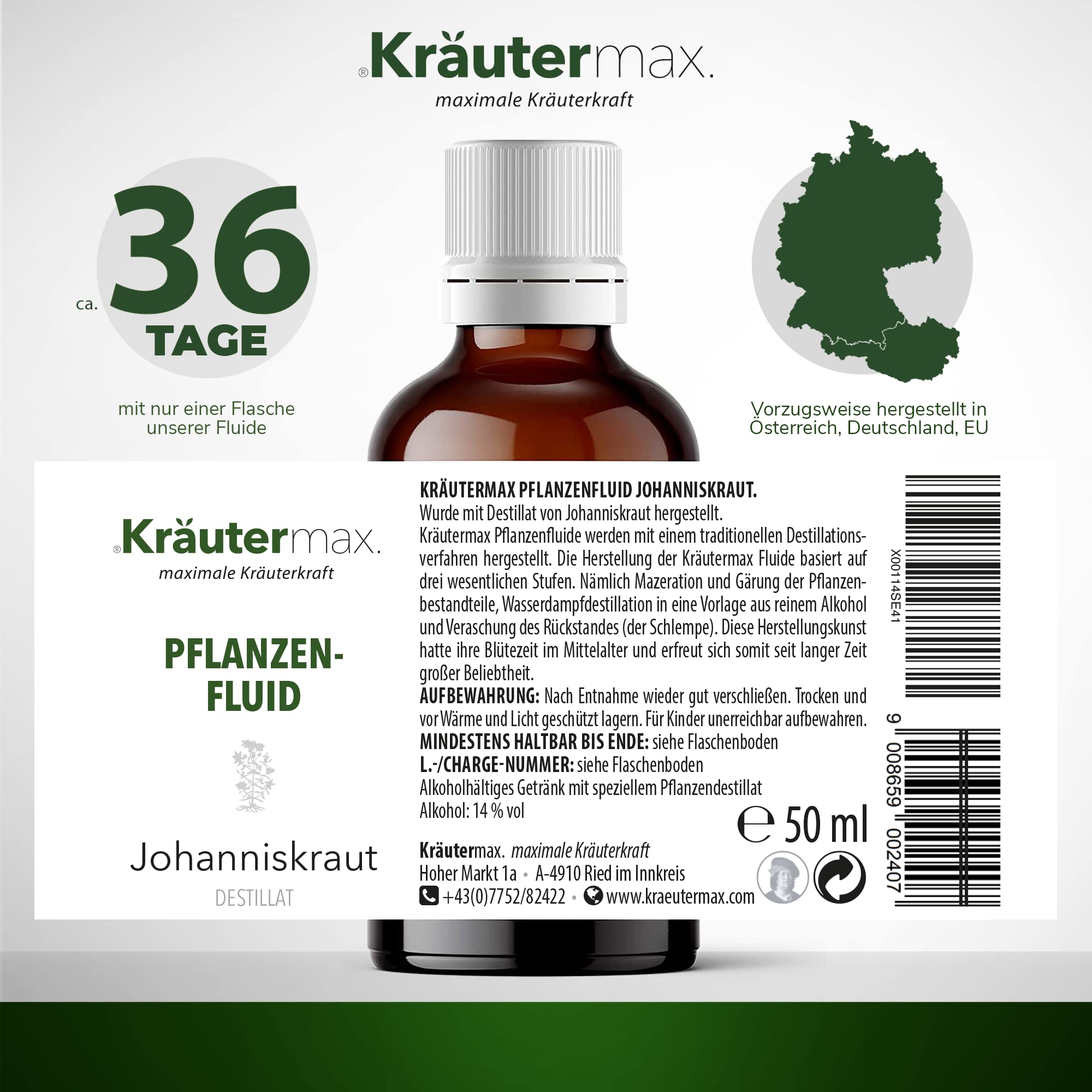 Kräutermax Johanniskraut Tropfen 1 x 50 ml, Pflanzen Fluid Destillat nach Paracelsus, ideale Ergänzung zu Tee, Extrakt flüssig, Tinktur, Kapseln, Tabletten - Vegan
