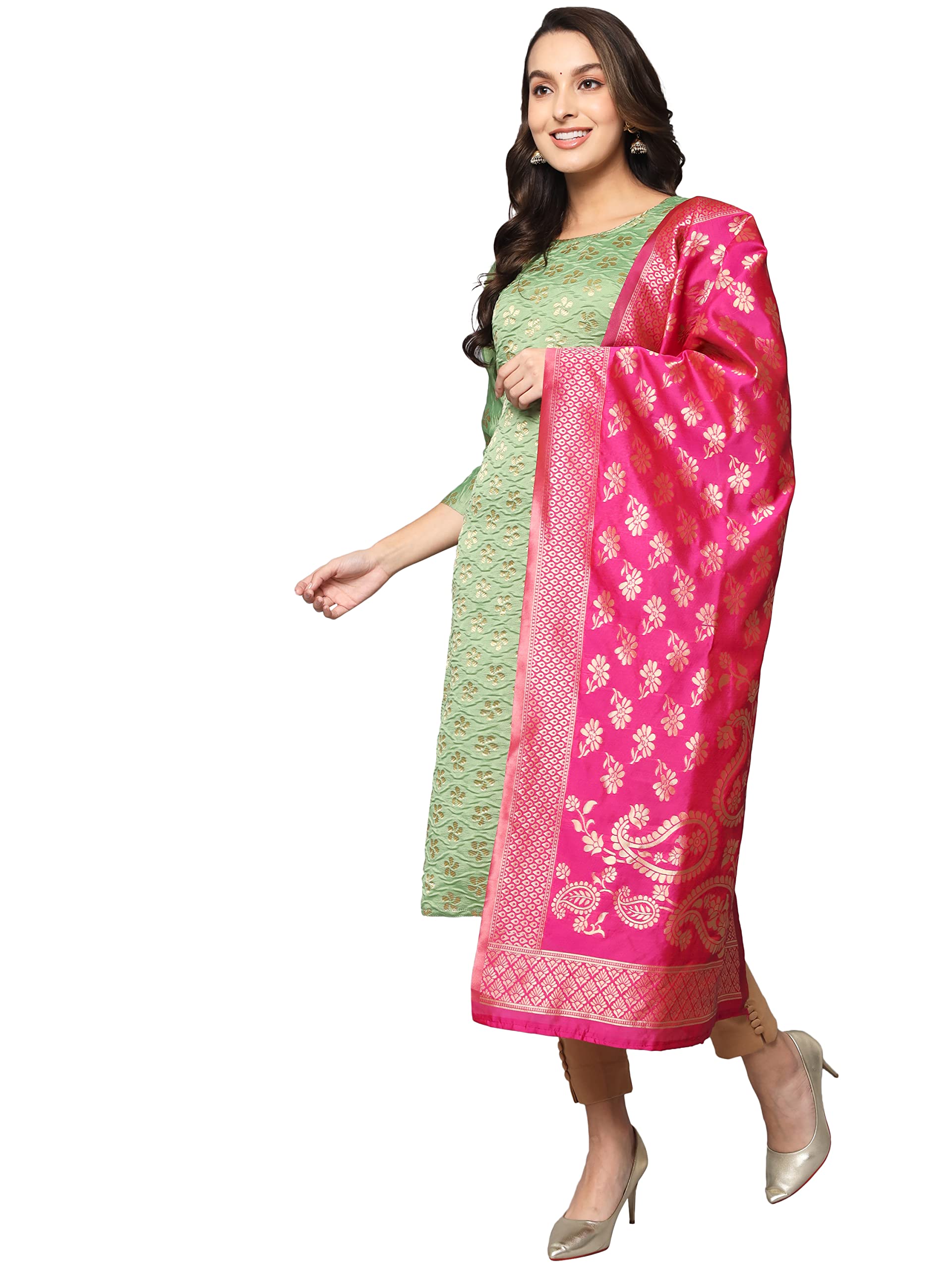 VredeVogelWomen's Cotton Silk Blend Straight Kurta with Banarasi Silk Dupatta