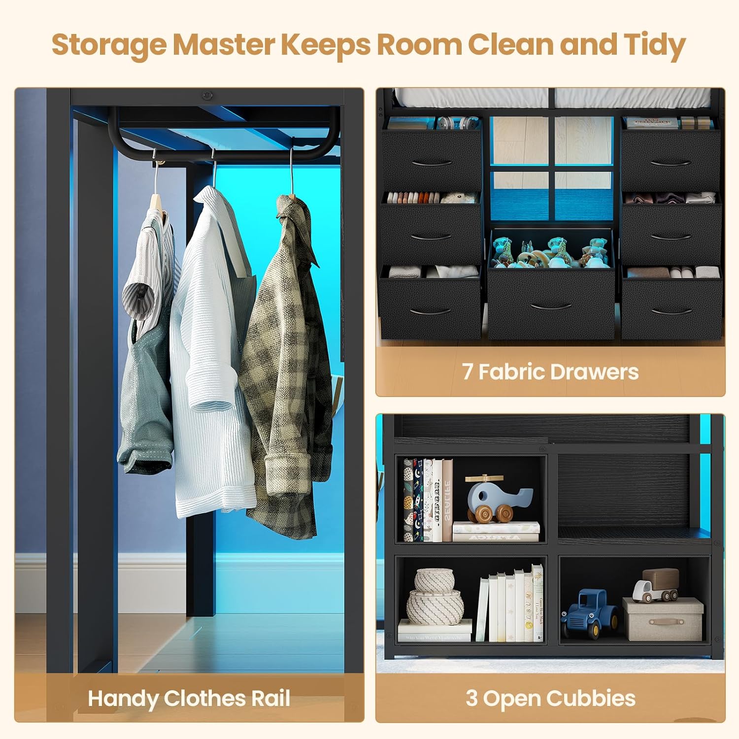 A child safely climbing the wide steps of the loft bed's staircase with a handrail.