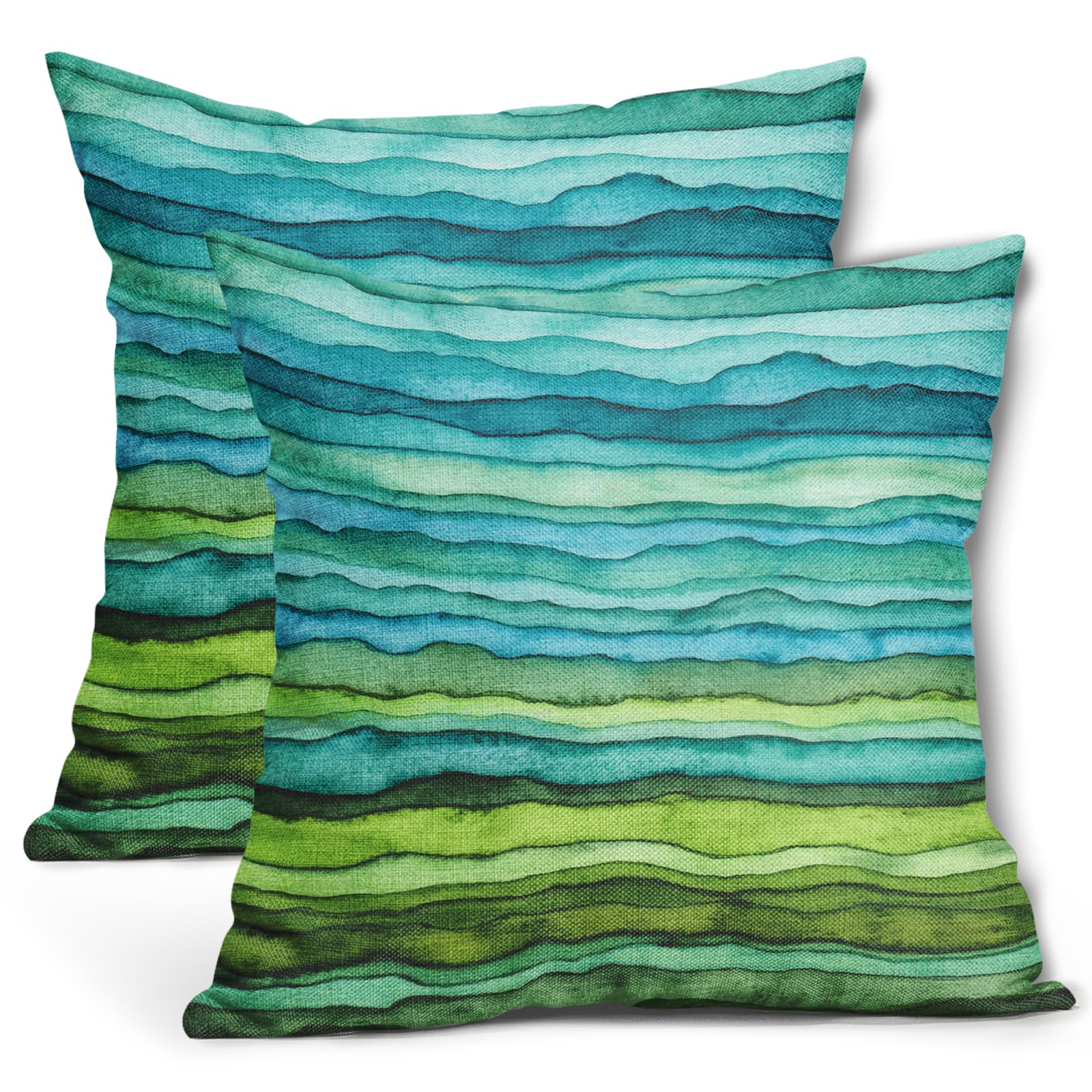 aportt Teal Blue Green Pillow Covers 20X20 Inch Watercolor Aqua Waves Brush Pillow Cases Abstract Striped Sea Splash Throw Pillows Set of 2 Home Decor for Living Room Bedroom Couch Bed Sofa Outdoor