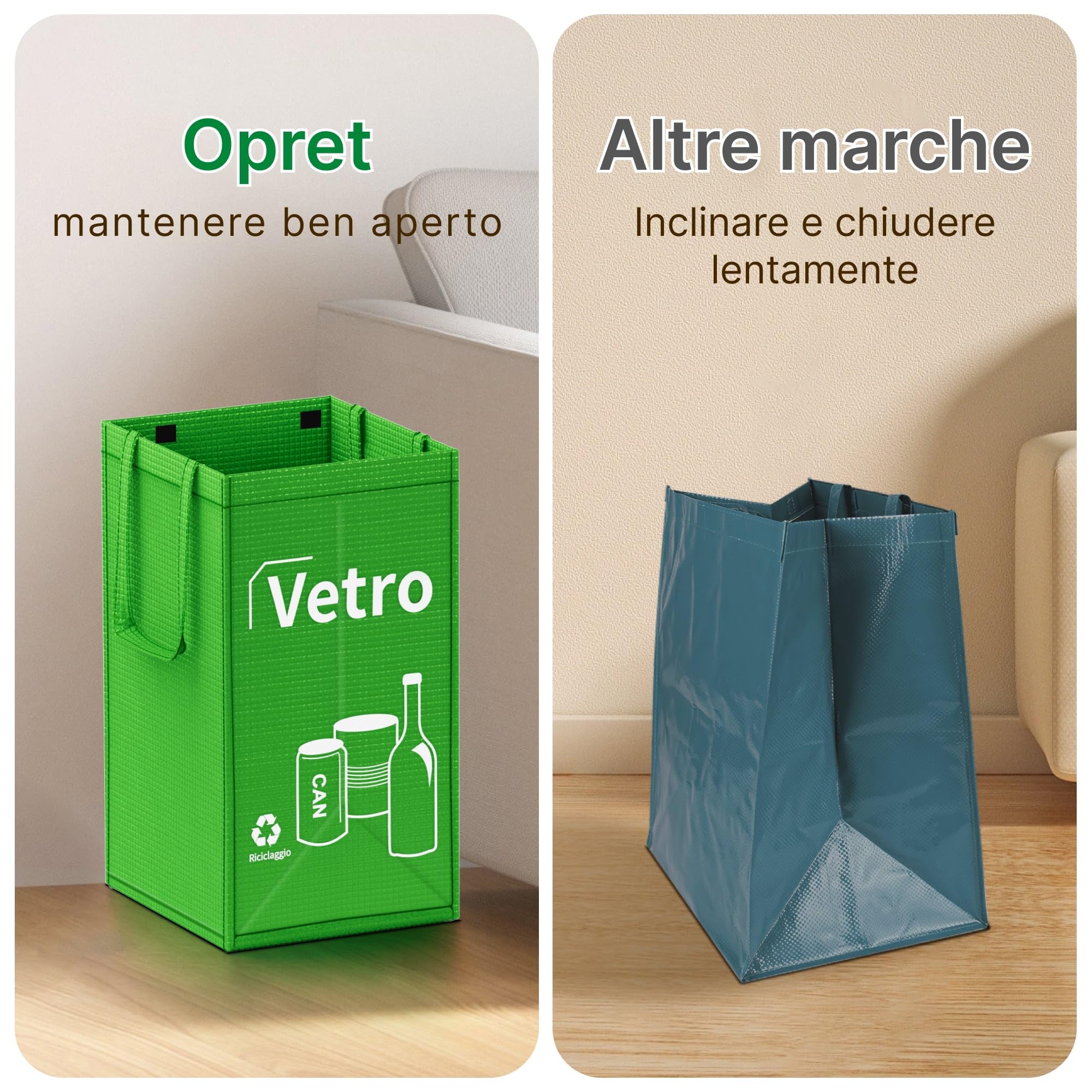 Opret Borse Raccolta Differenziata 30L, 3 Contenitori Raccolta Differenziata Interno, Bidoni Differenziata da Interno per Il Riciclaggio di Carta, Plastica e Vetro
