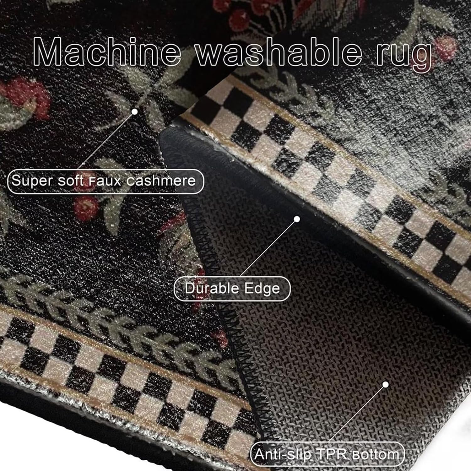 2ftx4ft Black Runner Rooster Rugs for Bathroom Kitchen Floor Washable Vintage Farmhouse Chicken Area Rug for Laundry Room Non-Slip Hen Plaid Carpet